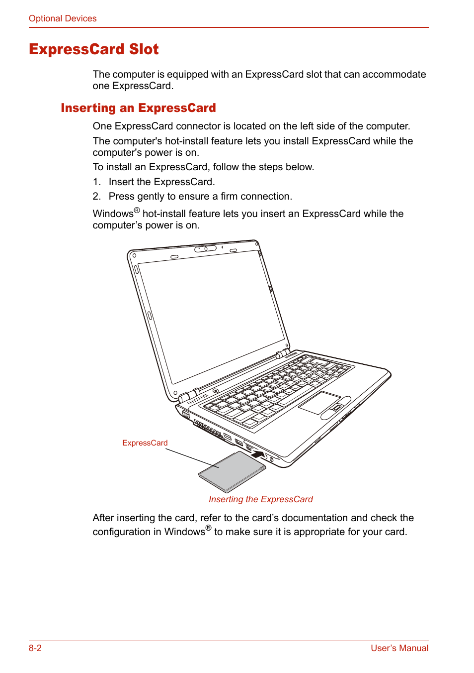 Expresscard slot, Inserting an expresscard, Expresscard slot -2 | Inserting an expresscard -2 | Toshiba SATELLITE L310 User Manual | Page 154 / 224