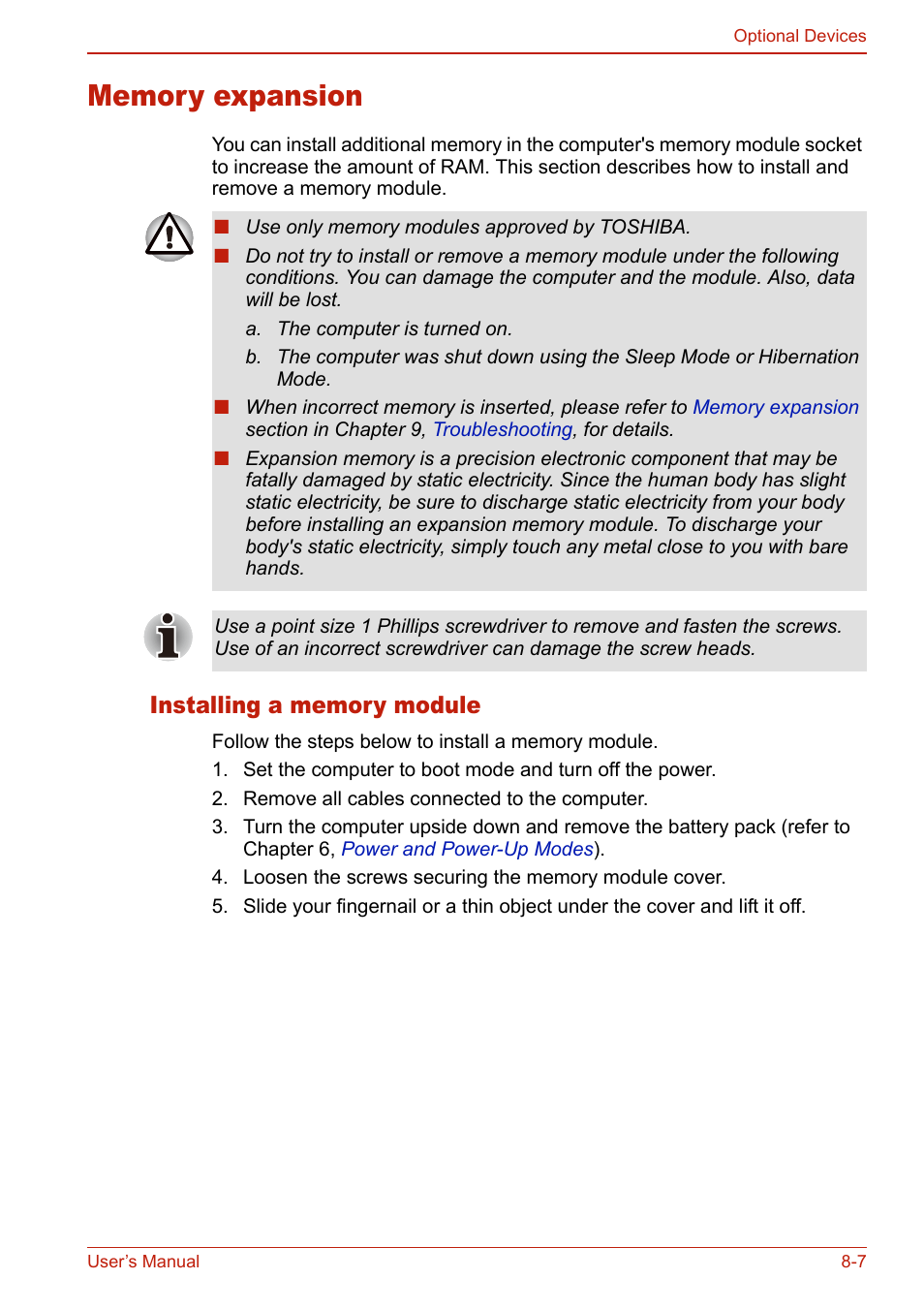 Memory expansion, Installing a memory module, Memory expansion -7 | Installing a memory module -7 | Toshiba SATELLITE L310 User Manual | Page 159 / 224