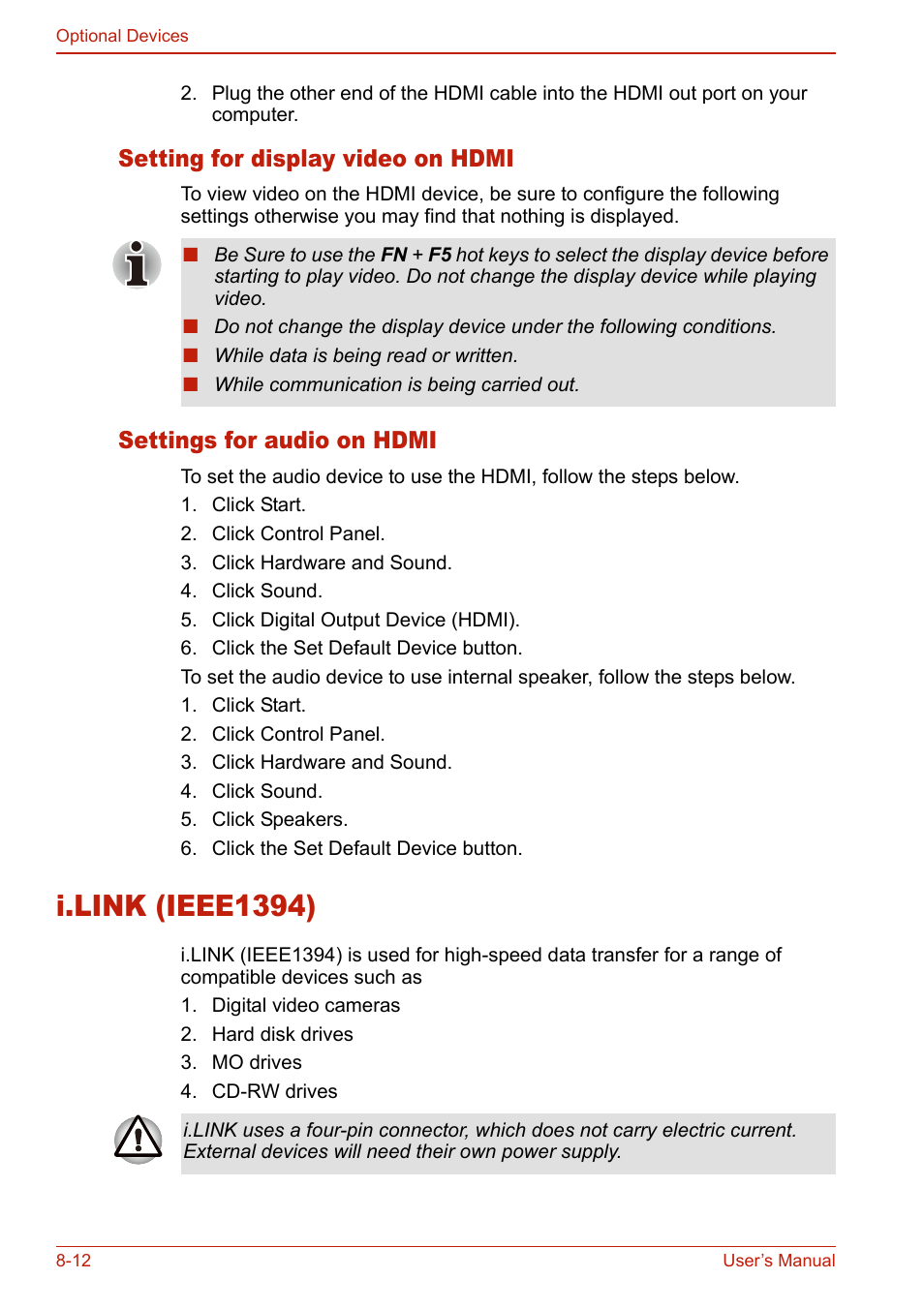 Setting for display video on hdmi, Settings for audio on hdmi, I.link (ieee1394) | I.link (ieee1394) -12 | Toshiba SATELLITE L310 User Manual | Page 164 / 224