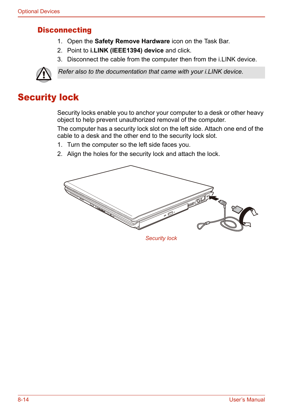 Disconnecting, Security lock, Disconnecting -14 | Security lock -14 | Toshiba SATELLITE L310 User Manual | Page 166 / 224