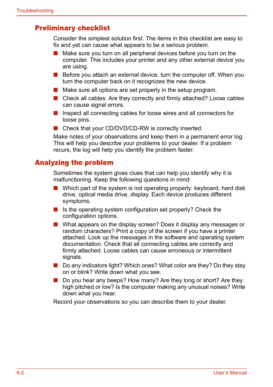 Preliminary checklist, Analyzing the problem, Preliminary checklist -2 analyzing the problem -2 | Toshiba SATELLITE L310 User Manual | Page 168 / 224