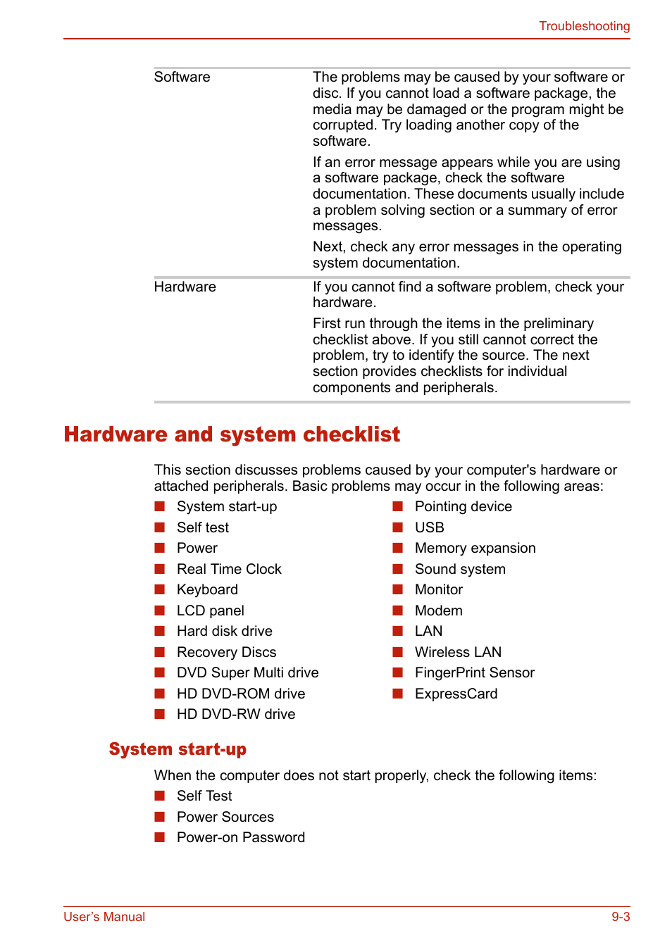 Hardware and system checklist, System start-up, Hardware and system checklist -3 | System start-up -3 | Toshiba SATELLITE L310 User Manual | Page 169 / 224