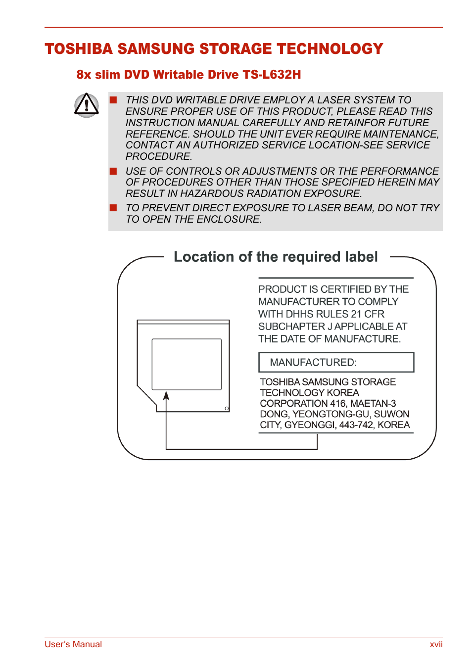 Toshiba samsung storage technology, 8x slim dvd writable drive ts-l632h | Toshiba SATELLITE L310 User Manual | Page 17 / 224