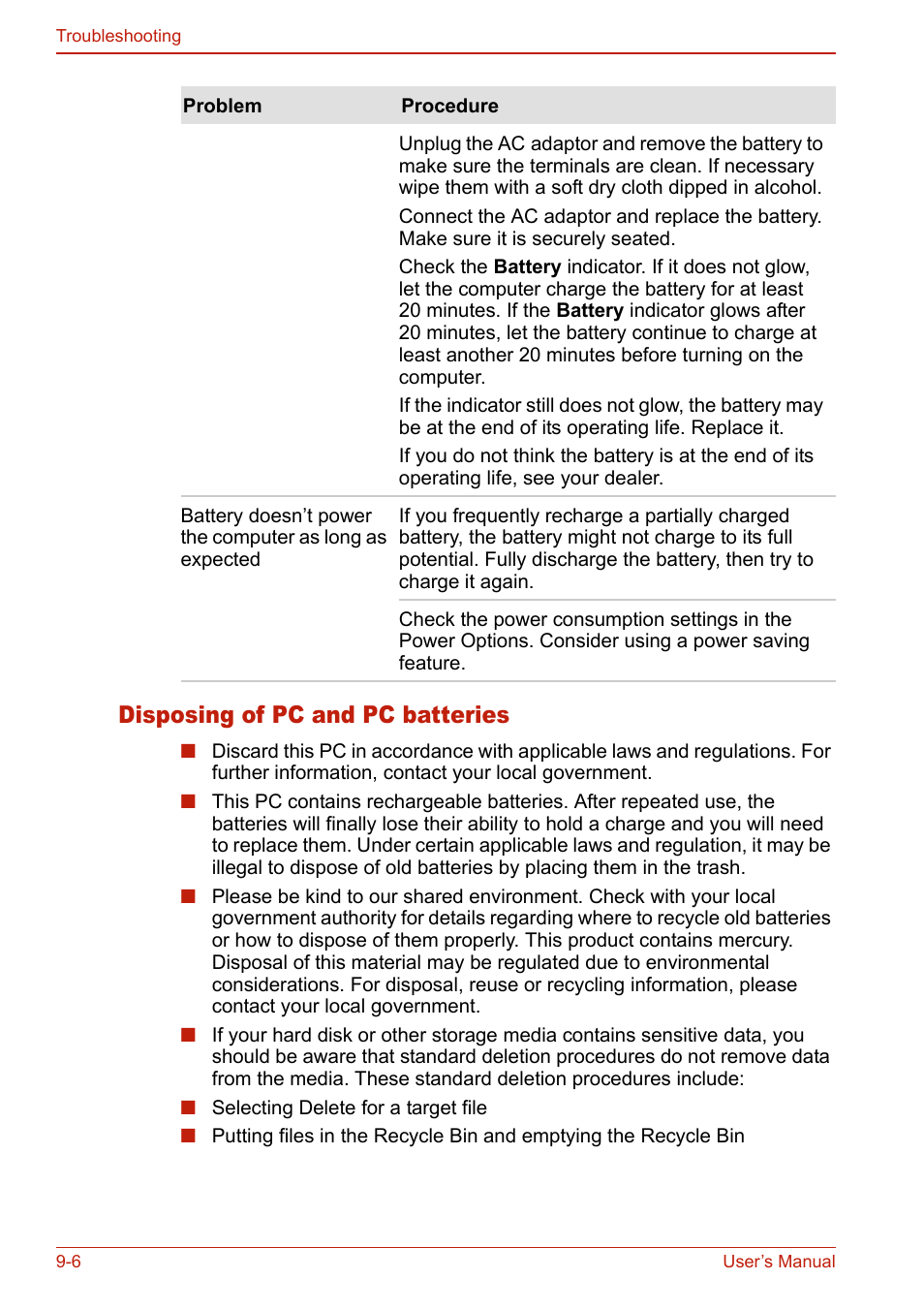 Disposing of pc and pc batteries, Disposing of pc and pc batteries -6 | Toshiba SATELLITE L310 User Manual | Page 172 / 224