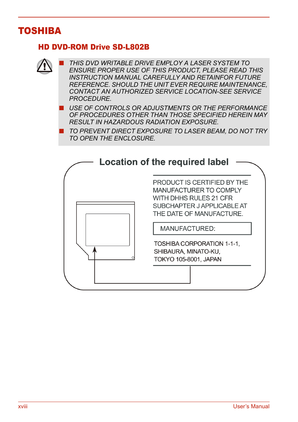 Toshiba, Hd dvd-rom drive sd-l802b | Toshiba SATELLITE L310 User Manual | Page 18 / 224