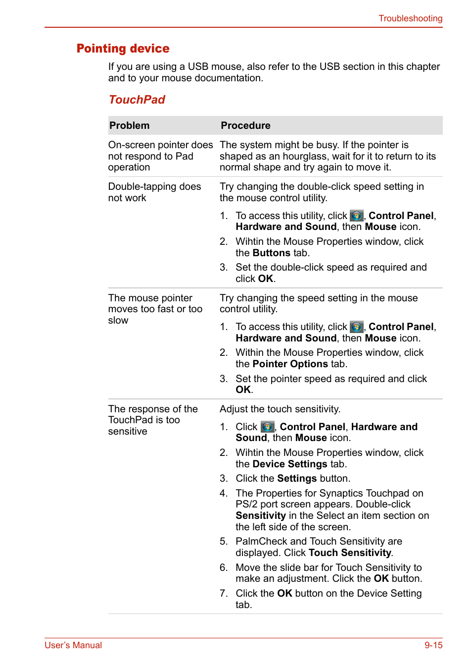 Pointing device, Pointing device -15 | Toshiba SATELLITE L310 User Manual | Page 181 / 224