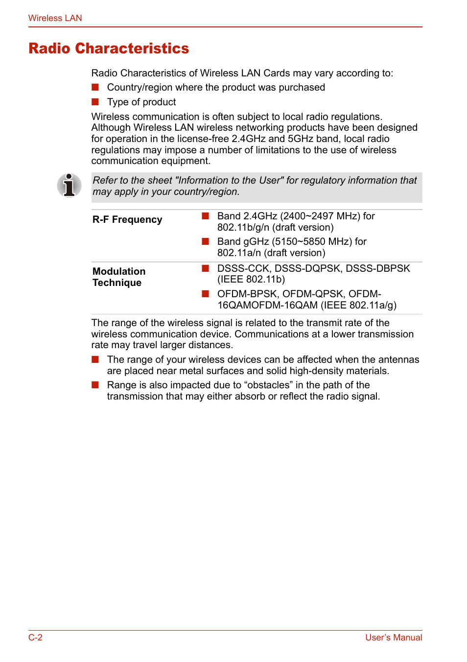 Radio characteristics | Toshiba SATELLITE L310 User Manual | Page 198 / 224