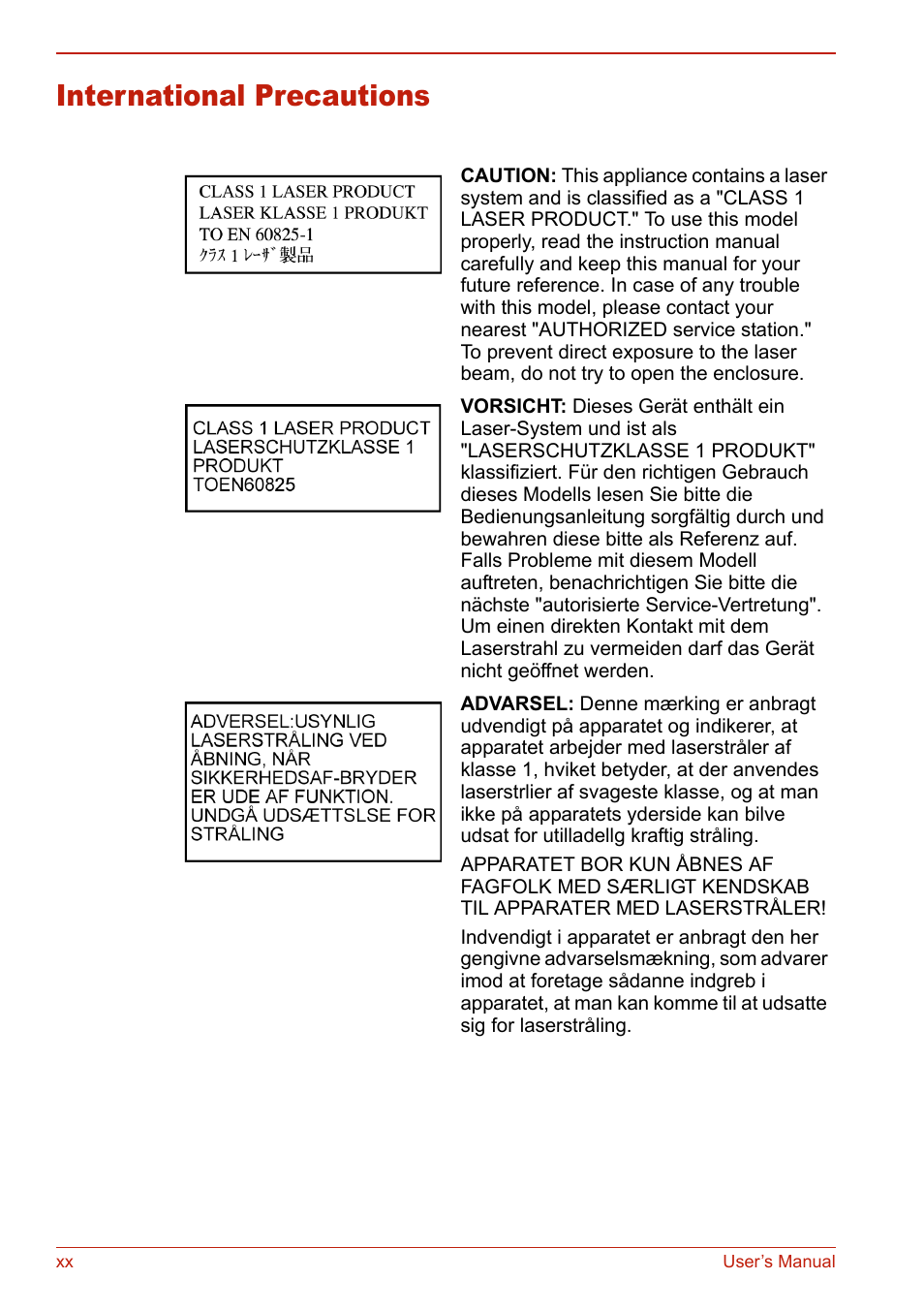 International precautions | Toshiba SATELLITE L310 User Manual | Page 20 / 224