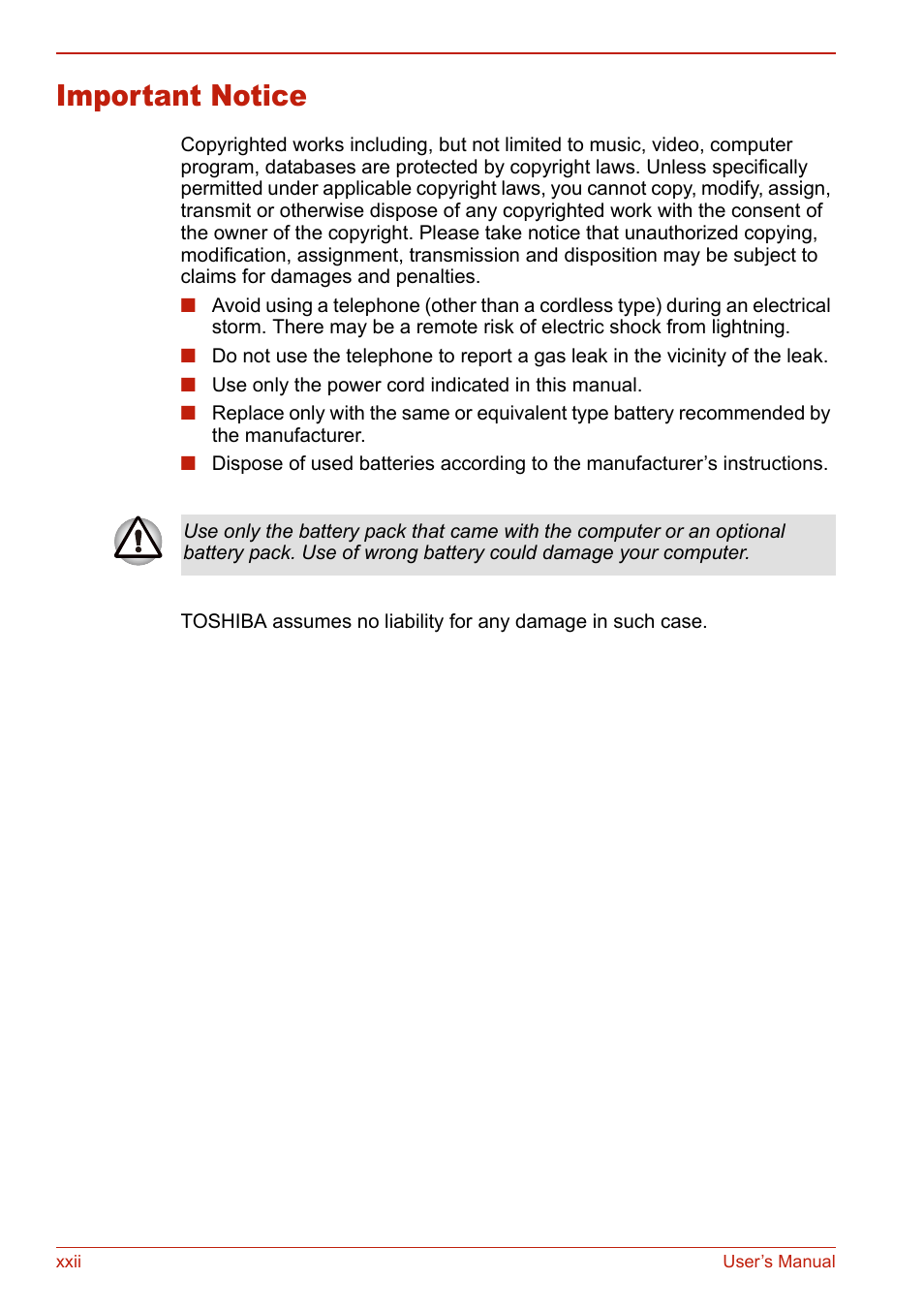 Important notice | Toshiba SATELLITE L310 User Manual | Page 22 / 224