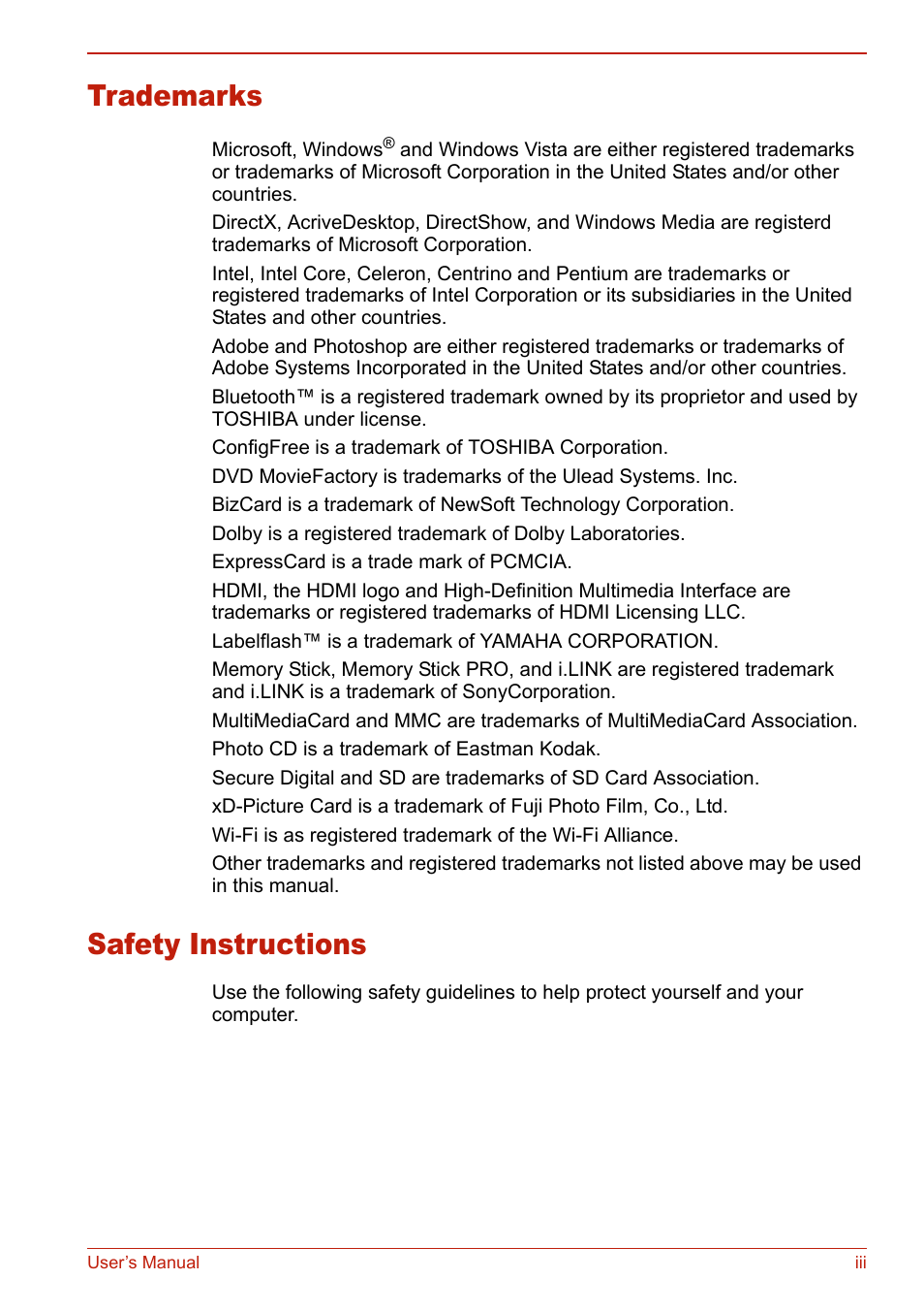 Trademarks, Safety instructions | Toshiba SATELLITE L310 User Manual | Page 3 / 224