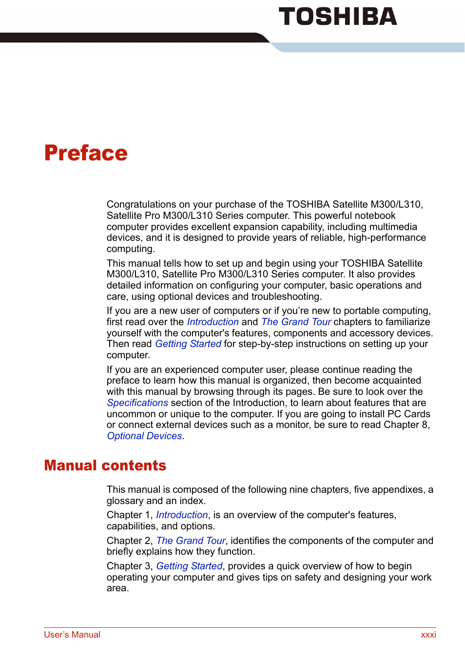 Preface, Manual contents | Toshiba SATELLITE L310 User Manual | Page 31 / 224