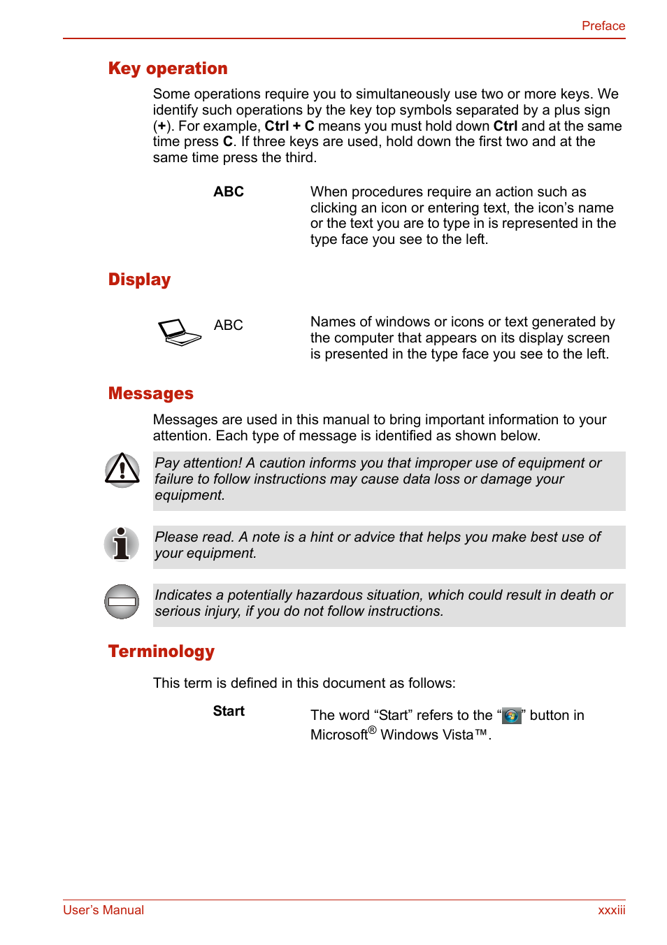 Key operation, Display, Messages | Terminology, Display messages | Toshiba SATELLITE L310 User Manual | Page 33 / 224