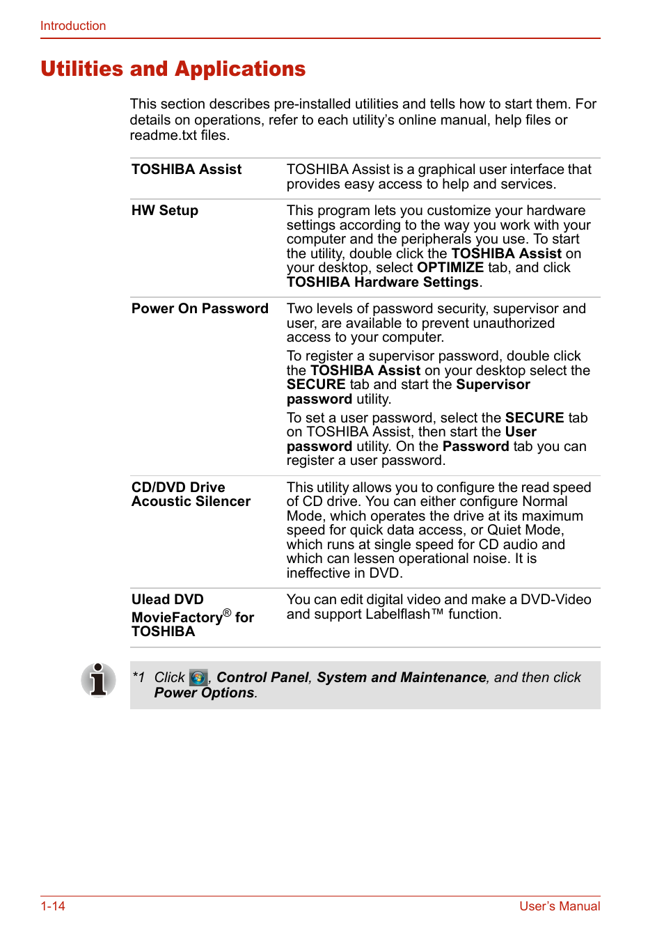 Utilities and applications, Utilities and applications -14 | Toshiba SATELLITE L310 User Manual | Page 48 / 224