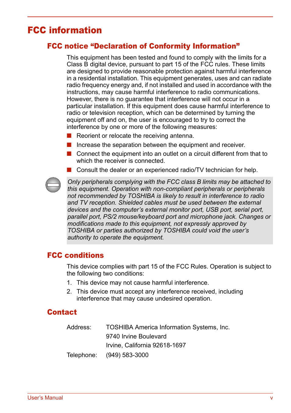 Fcc information, Fcc notice “declaration of conformity information, Fcc conditions | Contact | Toshiba SATELLITE L310 User Manual | Page 5 / 224