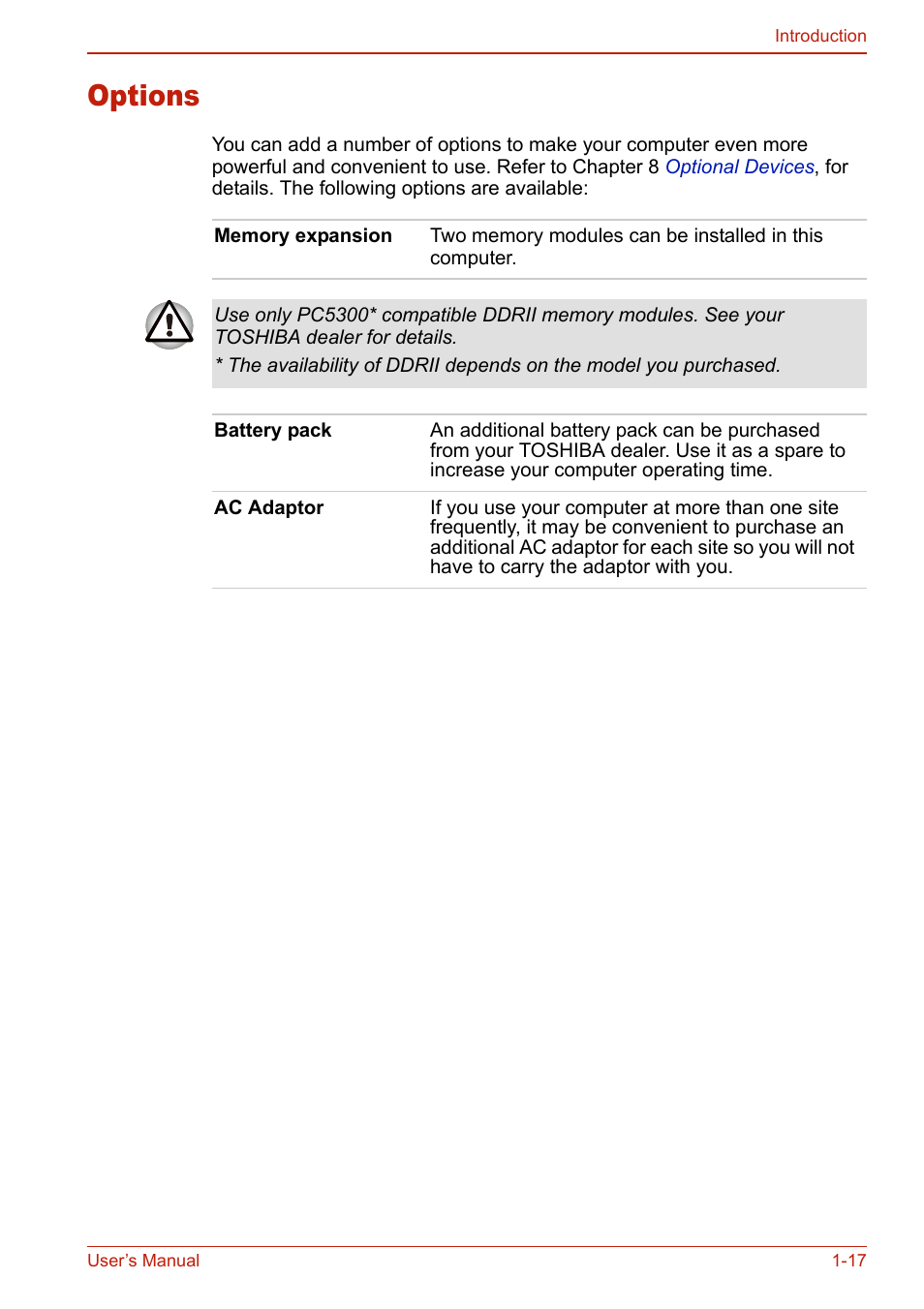 Options, Options -17 | Toshiba SATELLITE L310 User Manual | Page 51 / 224