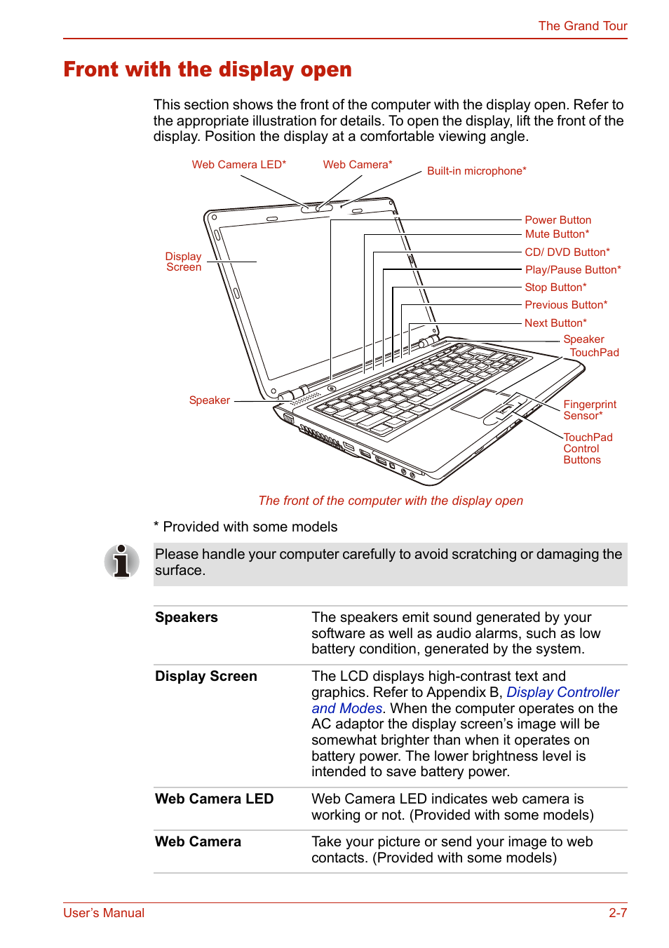 Front with the display open, Front with the display open -7 | Toshiba SATELLITE L310 User Manual | Page 59 / 224