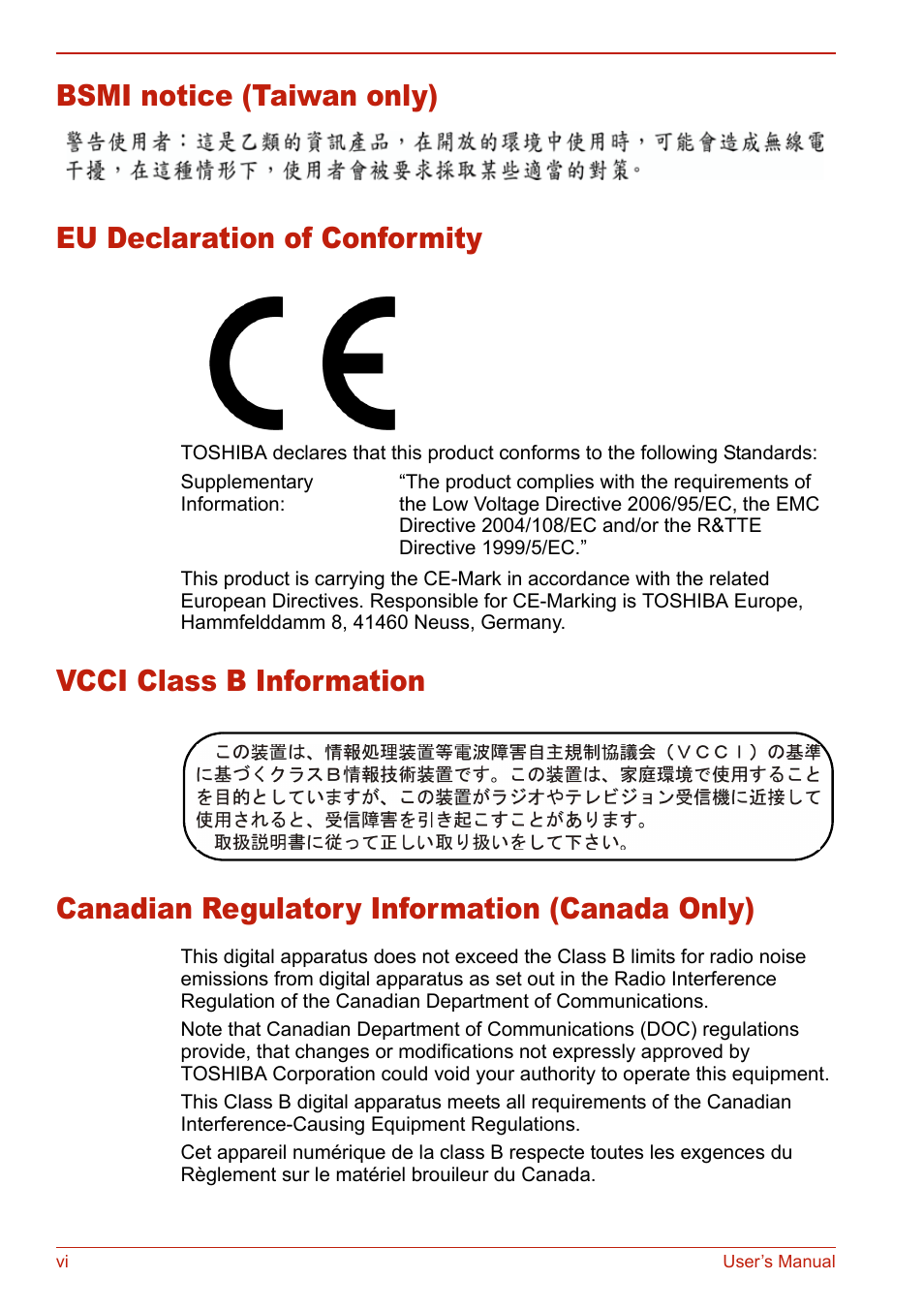 Bsmi notice (taiwan only), Eu declaration of conformity, Vcci class b information | Canadian regulatory information (canada only) | Toshiba SATELLITE L310 User Manual | Page 6 / 224
