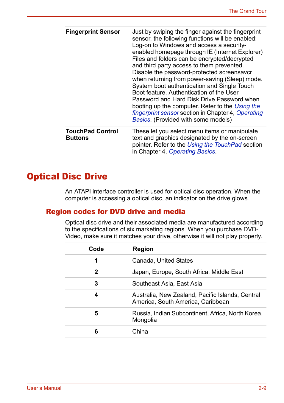 Optical disc drive, Region codes for dvd drive and media, Optical disc drive -9 | Region codes for dvd drive and media -9 | Toshiba SATELLITE L310 User Manual | Page 61 / 224