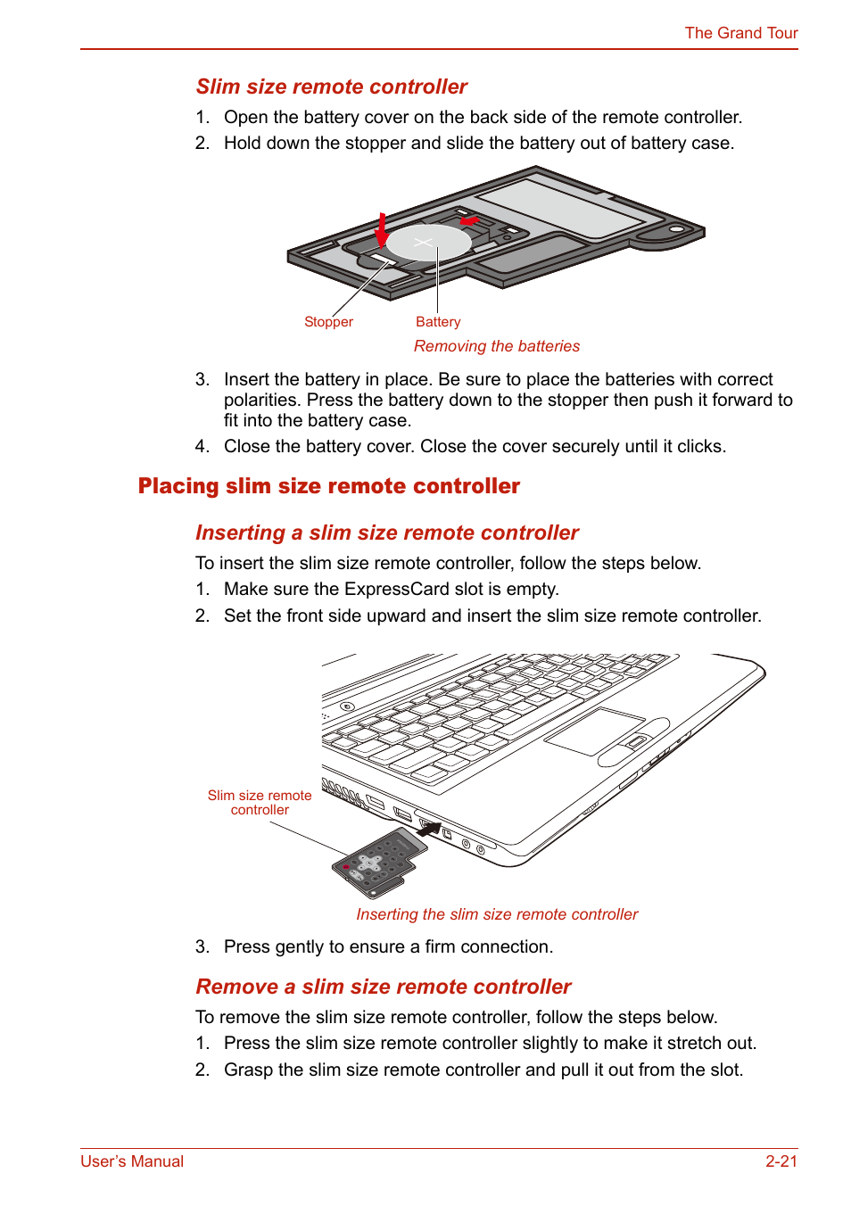 Placing slim size remote controller, Placing slim size remote controller -21, Slim size remote controller | Inserting a slim size remote controller, Remove a slim size remote controller | Toshiba SATELLITE L310 User Manual | Page 73 / 224
