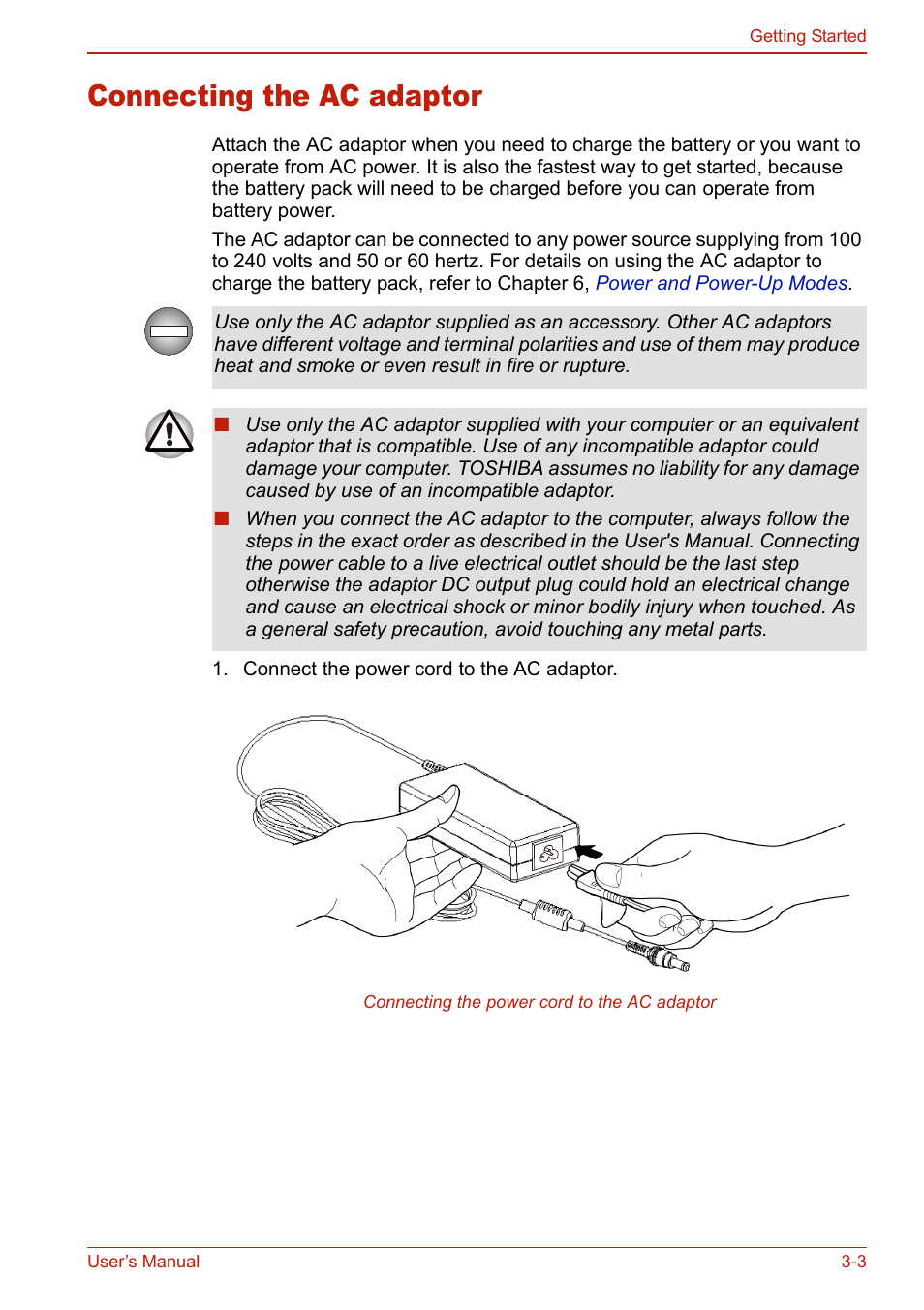 Connecting the ac adaptor, Connecting the ac adaptor -3 | Toshiba SATELLITE L310 User Manual | Page 77 / 224