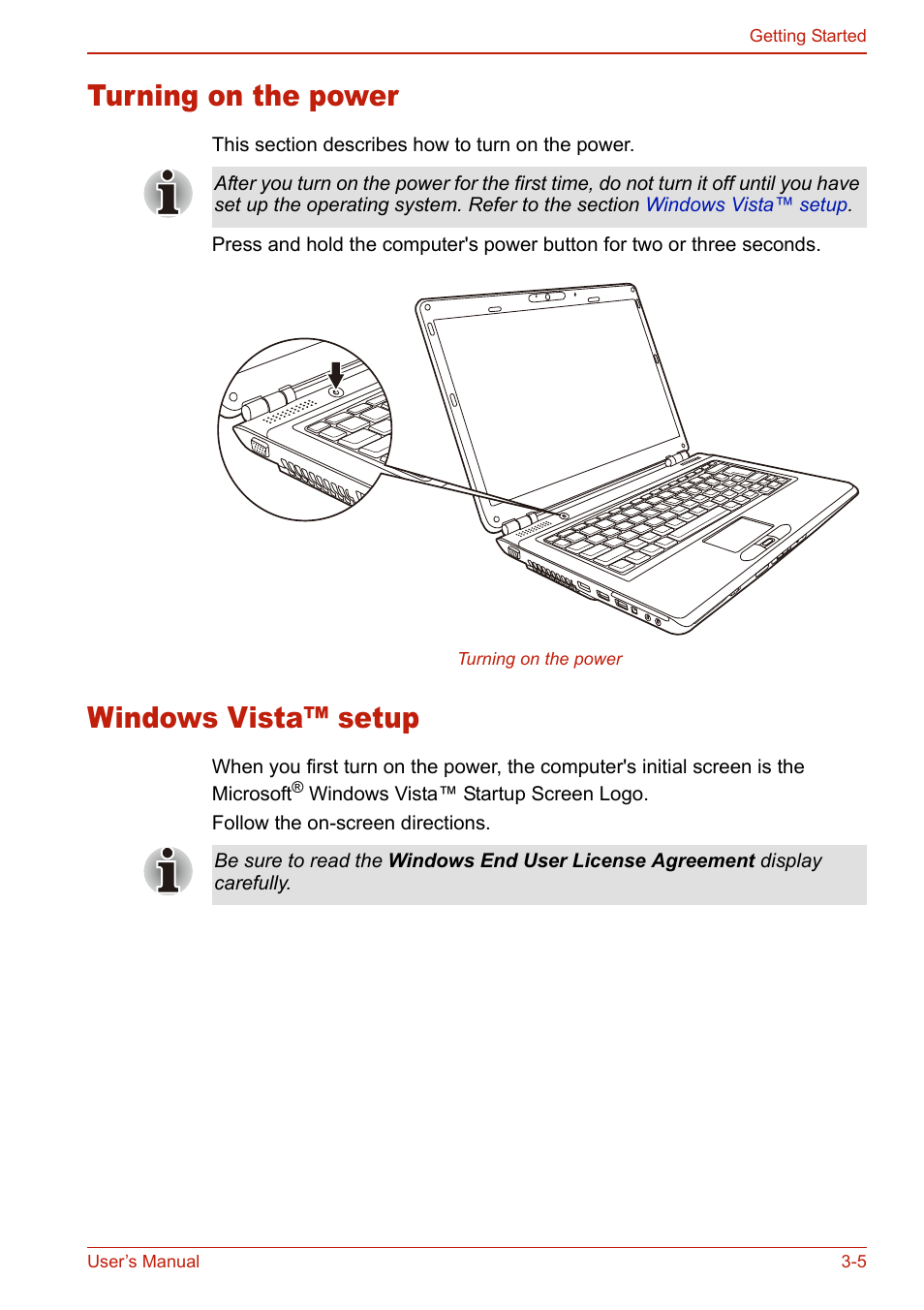 Turning on the power, Windows vista™ setup, Turning on the power -5 windows vista™ setup -5 | Toshiba SATELLITE L310 User Manual | Page 79 / 224