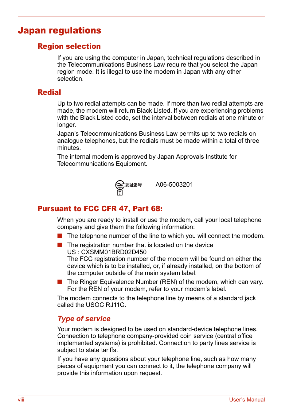 Japan regulations, Region selection, Redial | Pursuant to fcc cfr 47, part 68 | Toshiba SATELLITE L310 User Manual | Page 8 / 224