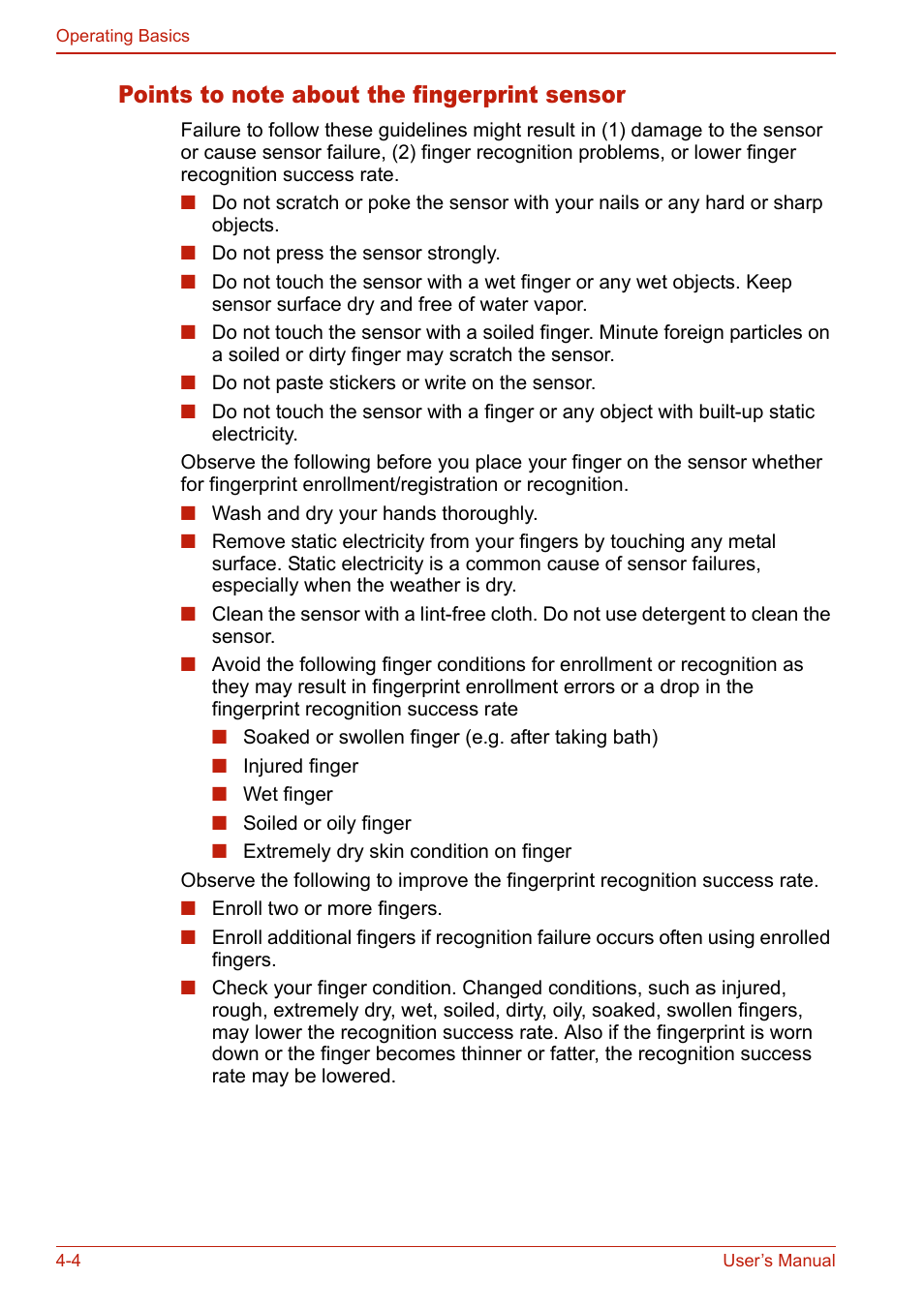 Points to note about the fingerprint sensor, Points to note about the fingerprint sensor -4 | Toshiba SATELLITE L310 User Manual | Page 90 / 224