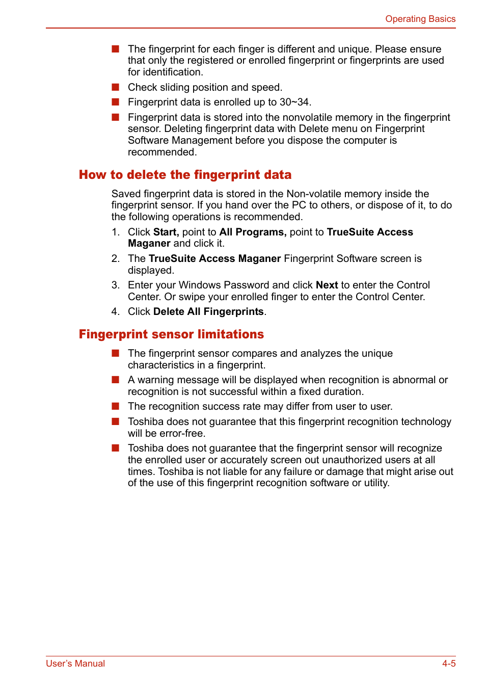 How to delete the fingerprint data, Fingerprint sensor limitations | Toshiba SATELLITE L310 User Manual | Page 91 / 224