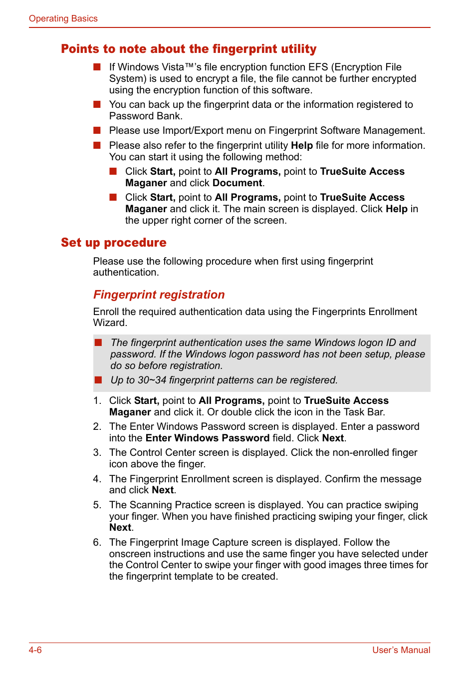 Points to note about the fingerprint utility, Set up procedure | Toshiba SATELLITE L310 User Manual | Page 92 / 224