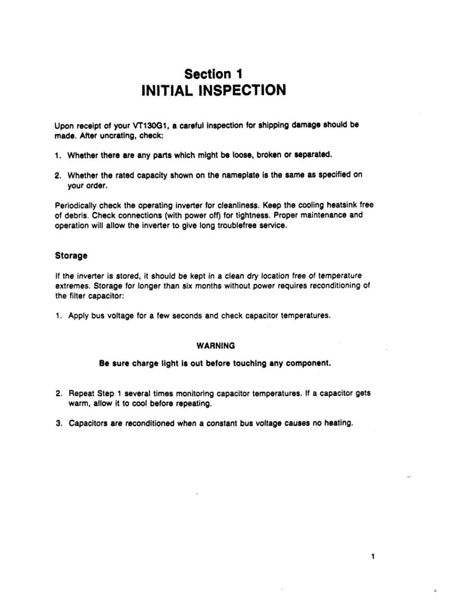Section 1, Initial inspection | Toshiba VT130G1 User Manual | Page 4 / 99