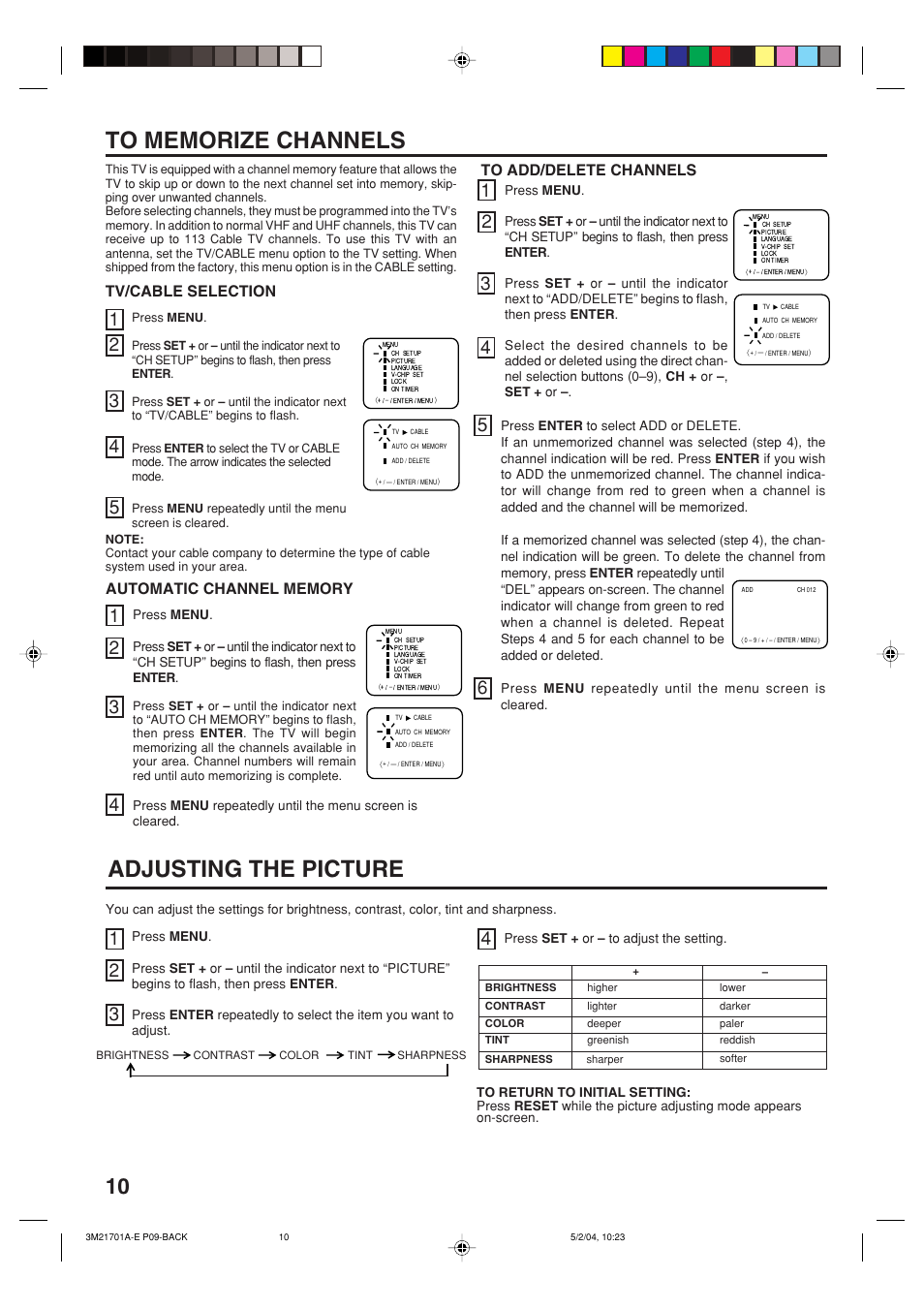 Adjusting the picture, Tv/cable selection | Toshiba 20AS24 User Manual | Page 10 / 28