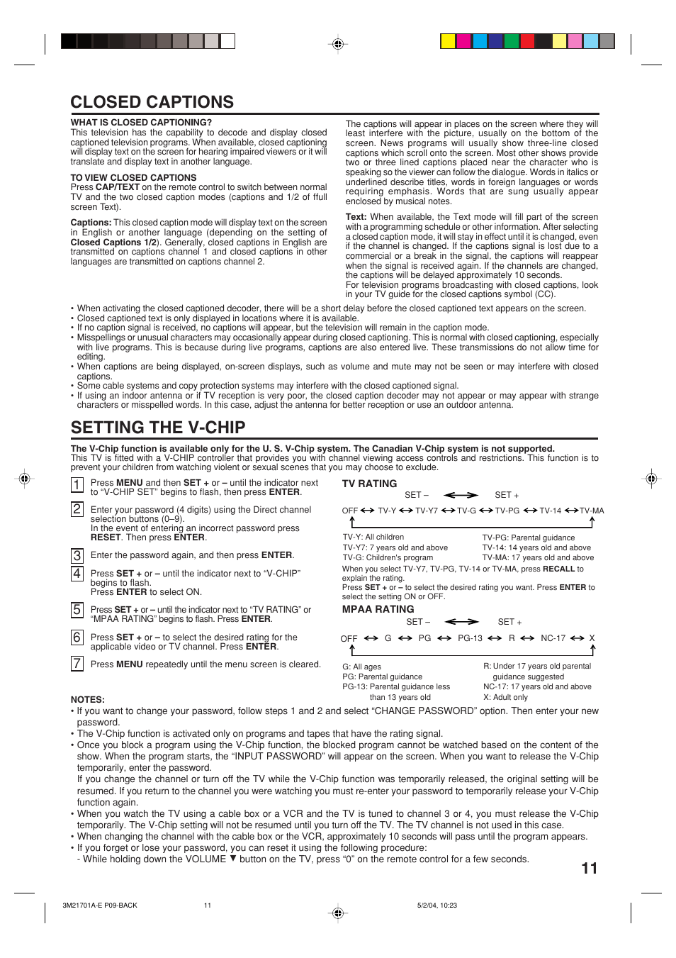 Setting the v-chip, Closed captions | Toshiba 20AS24 User Manual | Page 11 / 28