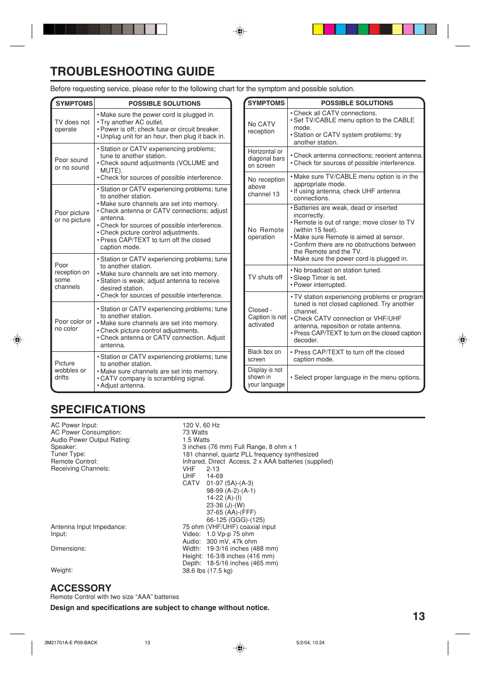 Troubleshooting guide, Specifications, Accessory | Toshiba 20AS24 User Manual | Page 13 / 28