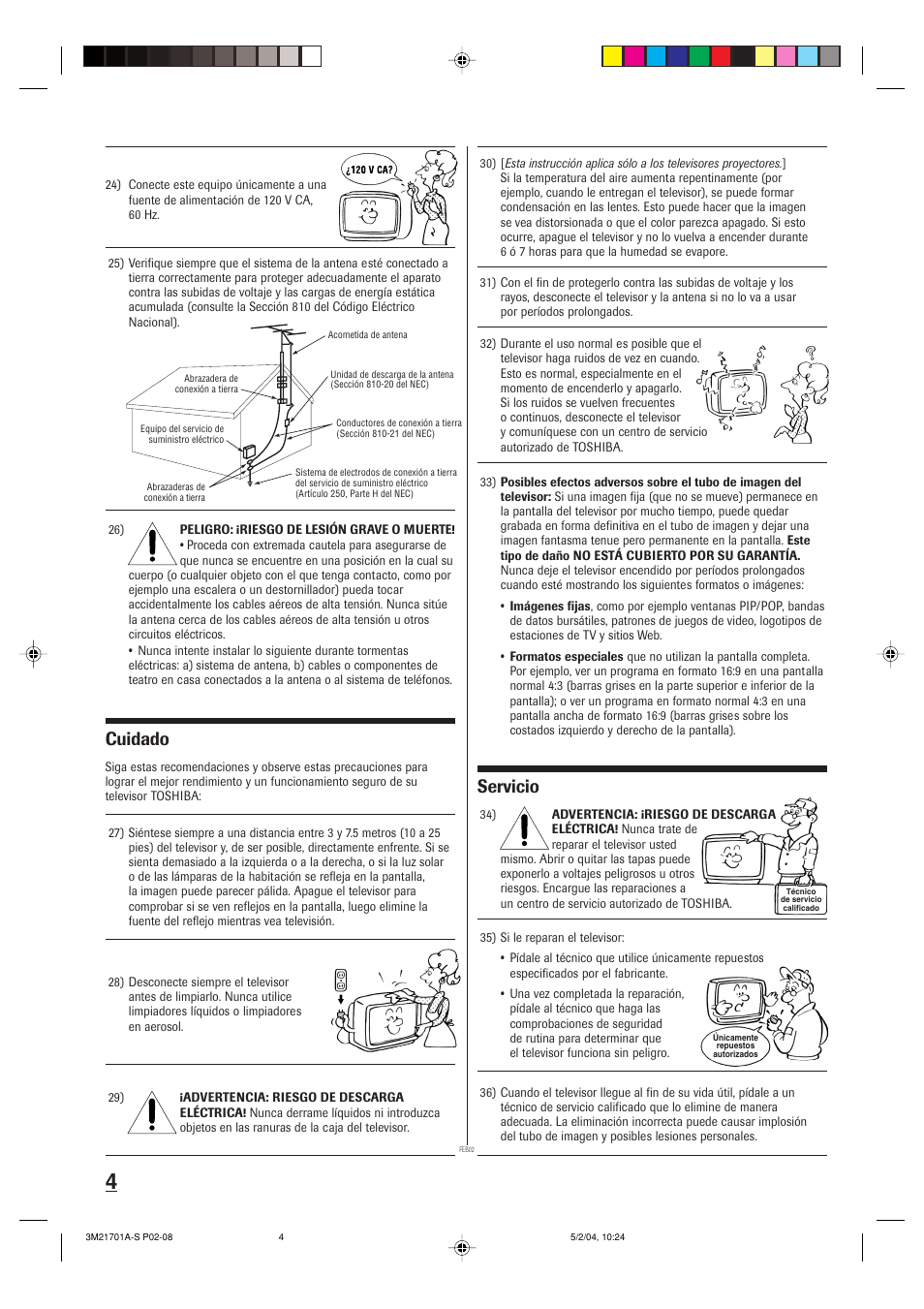 Cuidado, Servicio | Toshiba 20AS24 User Manual | Page 18 / 28