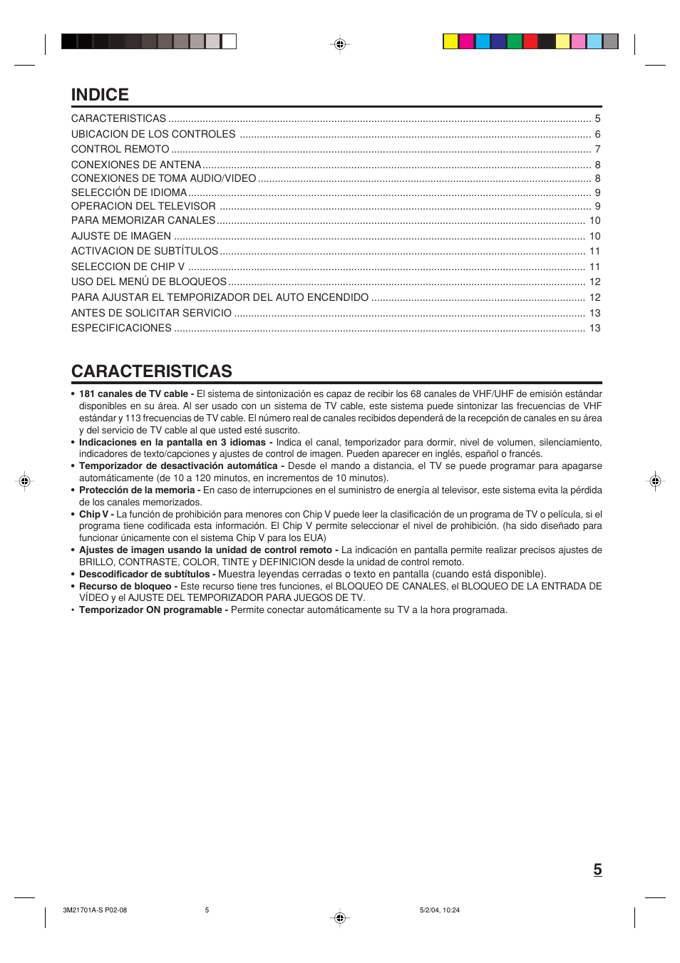 Indice, Caracteristicas | Toshiba 20AS24 User Manual | Page 19 / 28