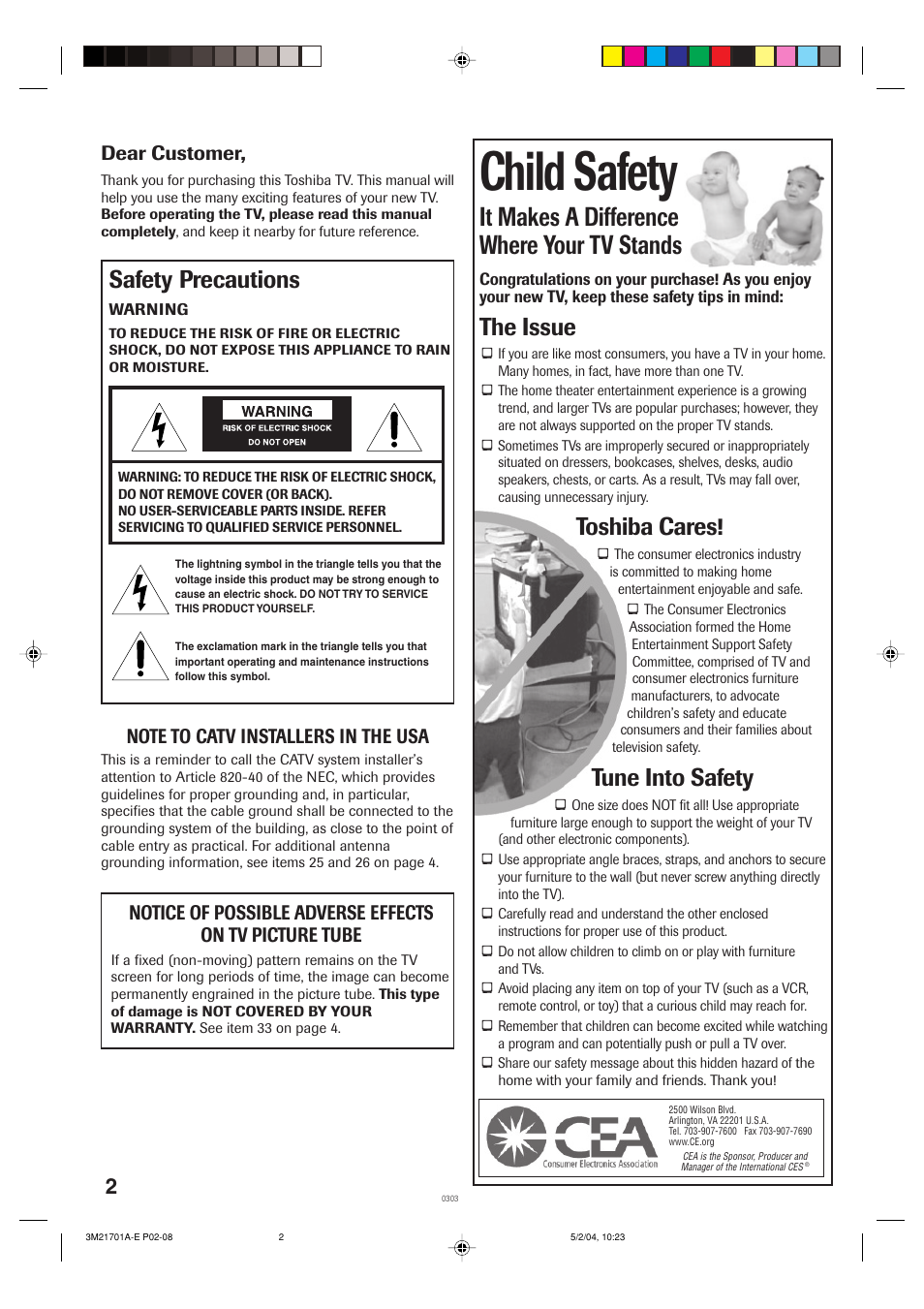 Child safety, It makes a difference where your tv stands, The issue | Toshiba cares, Tune into safety, Safety precautions, Dear customer | Toshiba 20AS24 User Manual | Page 2 / 28