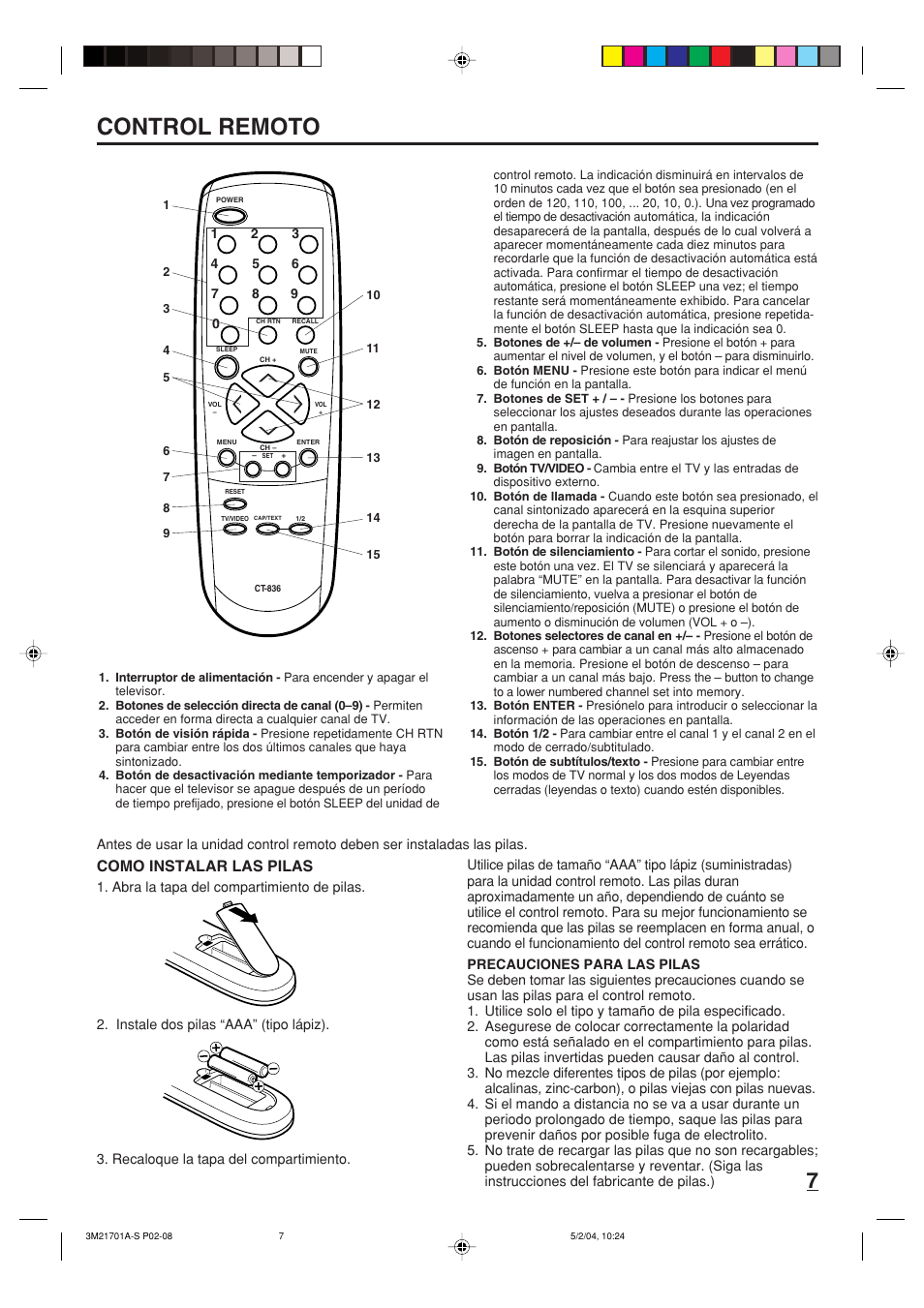 Control remoto, Como instalar las pilas | Toshiba 20AS24 User Manual | Page 21 / 28