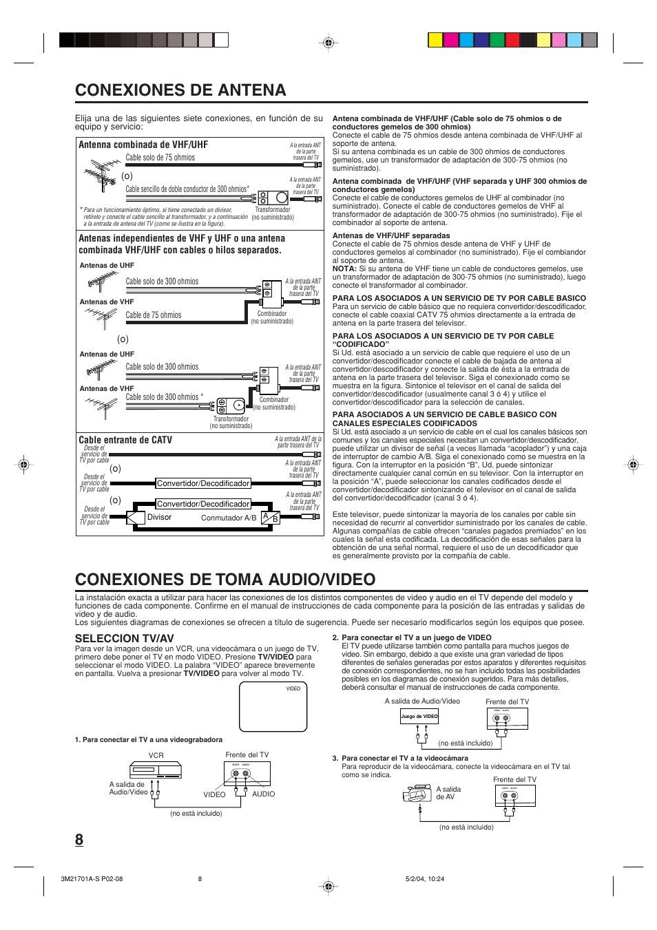 Conexiones de antena, Conexiones de toma audio/video, Seleccion tv/av | Antenna combinada de vhf/uhf, Cable entrante de catv (o) (o) | Toshiba 20AS24 User Manual | Page 22 / 28