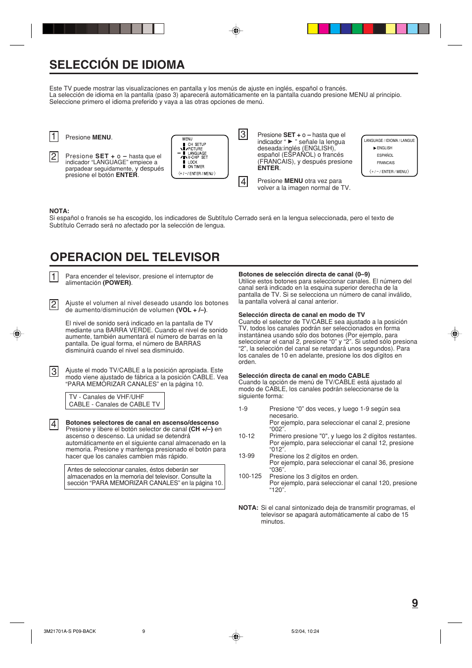 Selección de idioma, Operacion del televisor | Toshiba 20AS24 User Manual | Page 23 / 28