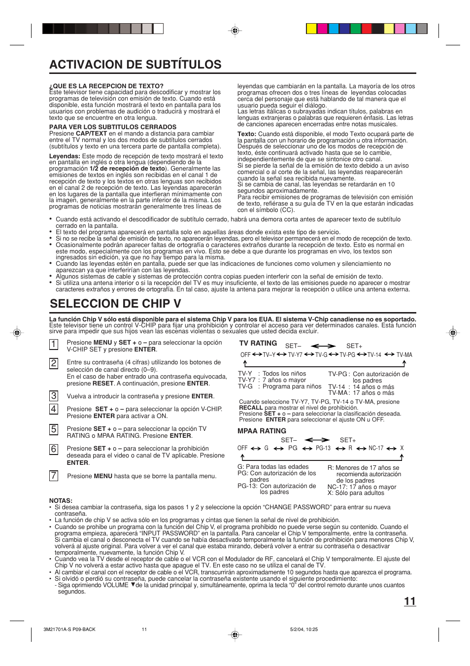 Seleccion de chip v, Activacion de subtítulos | Toshiba 20AS24 User Manual | Page 25 / 28