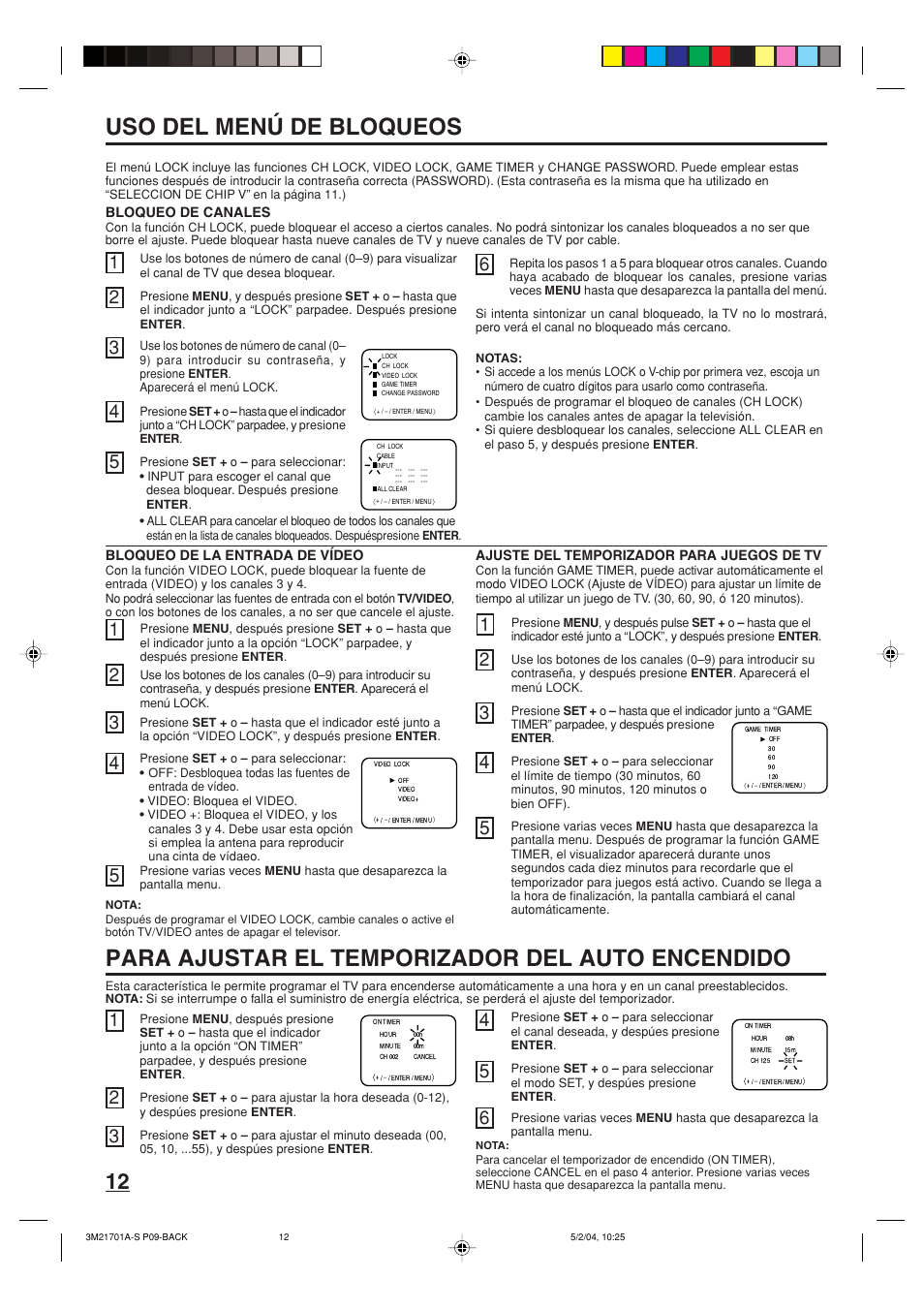 Uso del menú de bloqueos, Para ajustar el temporizador del auto encendido | Toshiba 20AS24 User Manual | Page 26 / 28