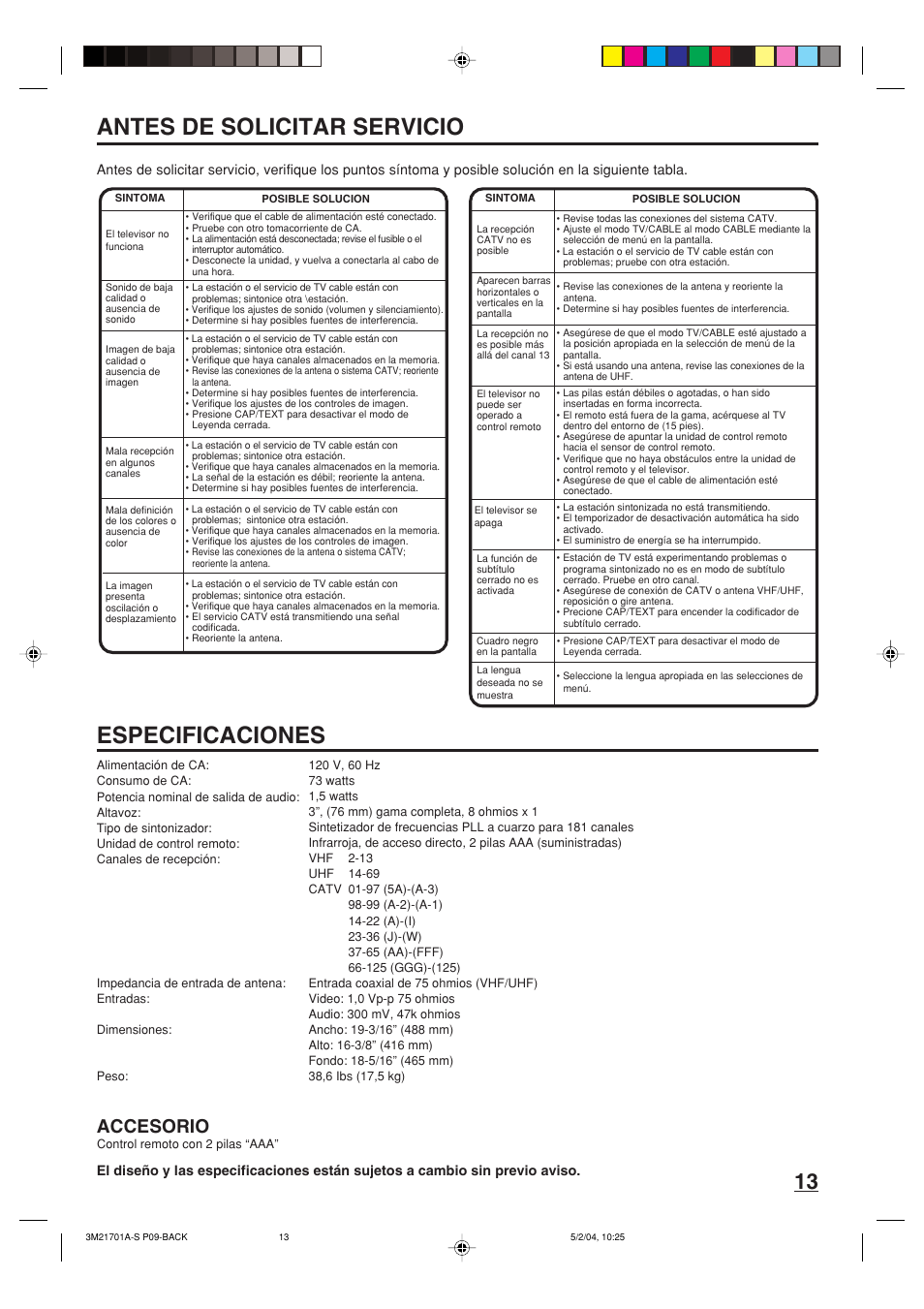 Antes de solicitar servicio, Especificaciones, Accesorio | Toshiba 20AS24 User Manual | Page 27 / 28