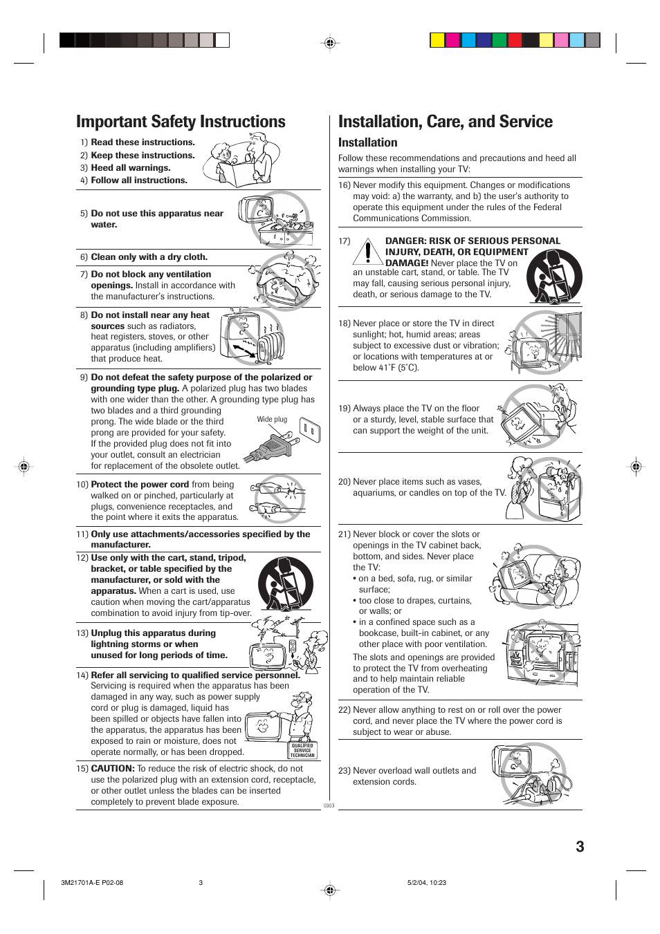 Installation, care, and service, Important safety instructions, Installation | Toshiba 20AS24 User Manual | Page 3 / 28