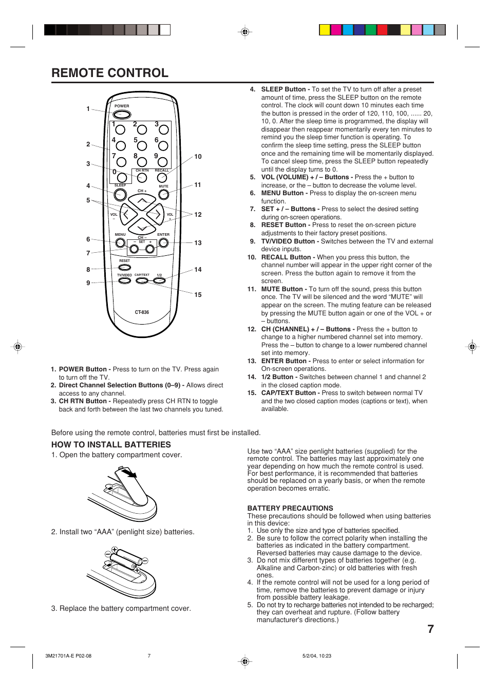 Remote control, How to install batteries | Toshiba 20AS24 User Manual | Page 7 / 28