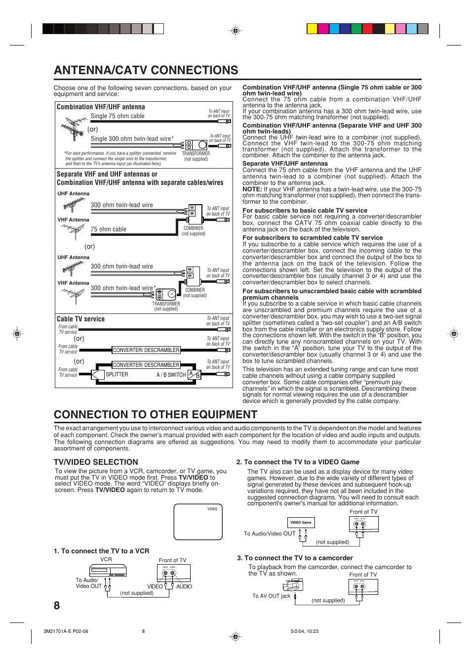 Antenna/catv connections, Connection to other equipment, Tv/video selection | Toshiba 20AS24 User Manual | Page 8 / 28