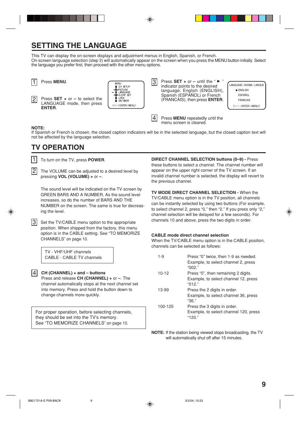 Setting the language, Tv operation | Toshiba 20AS24 User Manual | Page 9 / 28