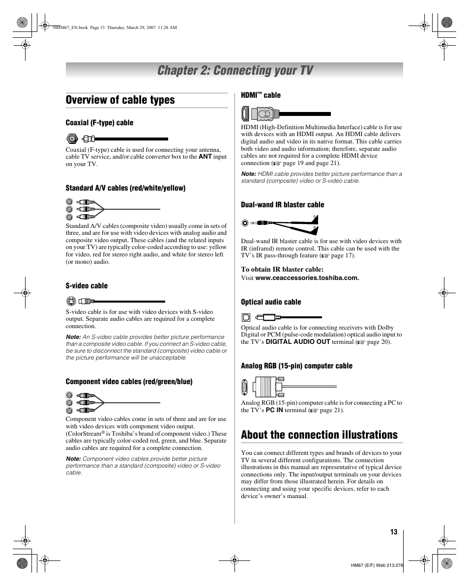 Chapter 2: connecting your tv, Overview of cable types, About the connection illustrations | Toshiba 50HM67 User Manual | Page 13 / 74