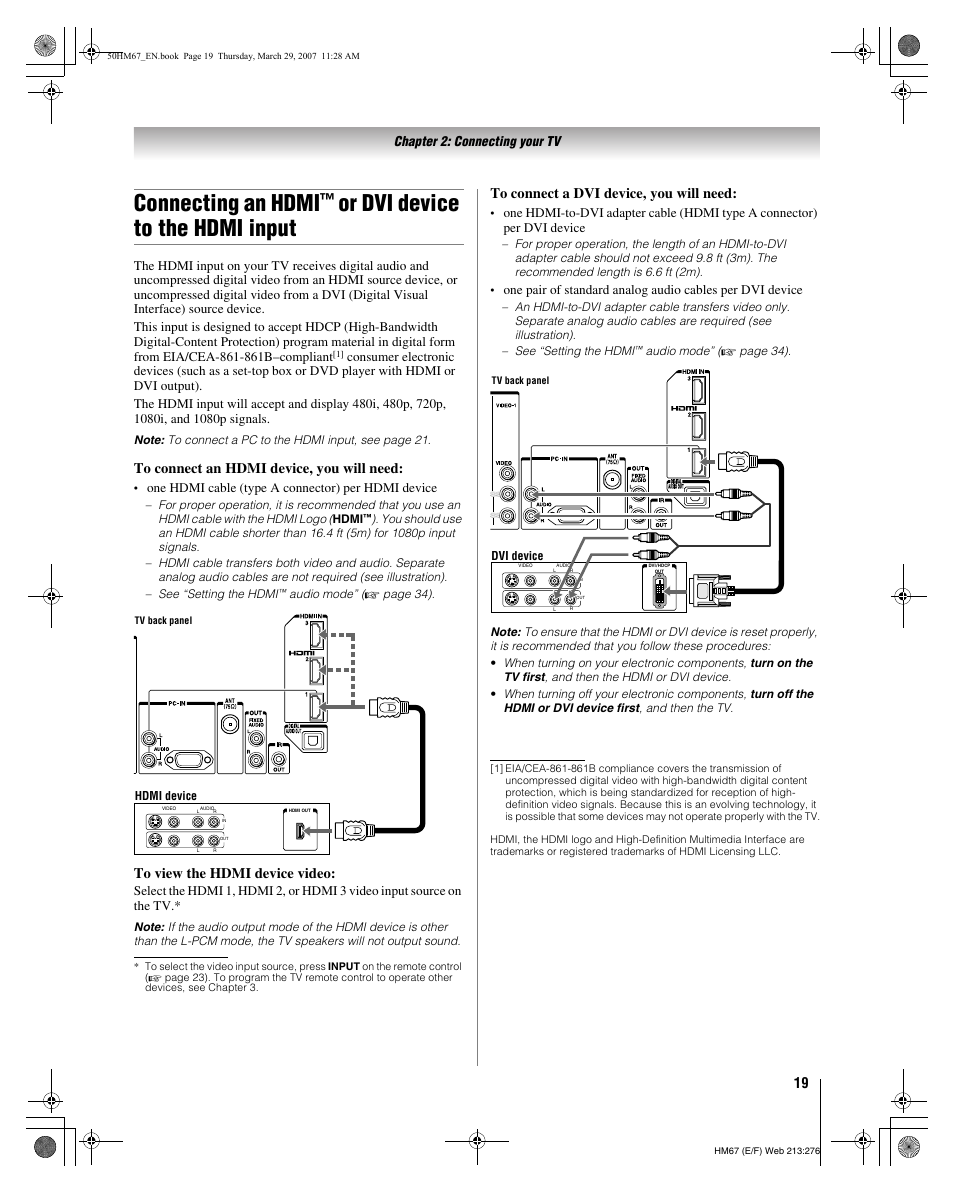 Connecting an hdmi, Or dvi device to the hdmi input | Toshiba 50HM67 User Manual | Page 19 / 74
