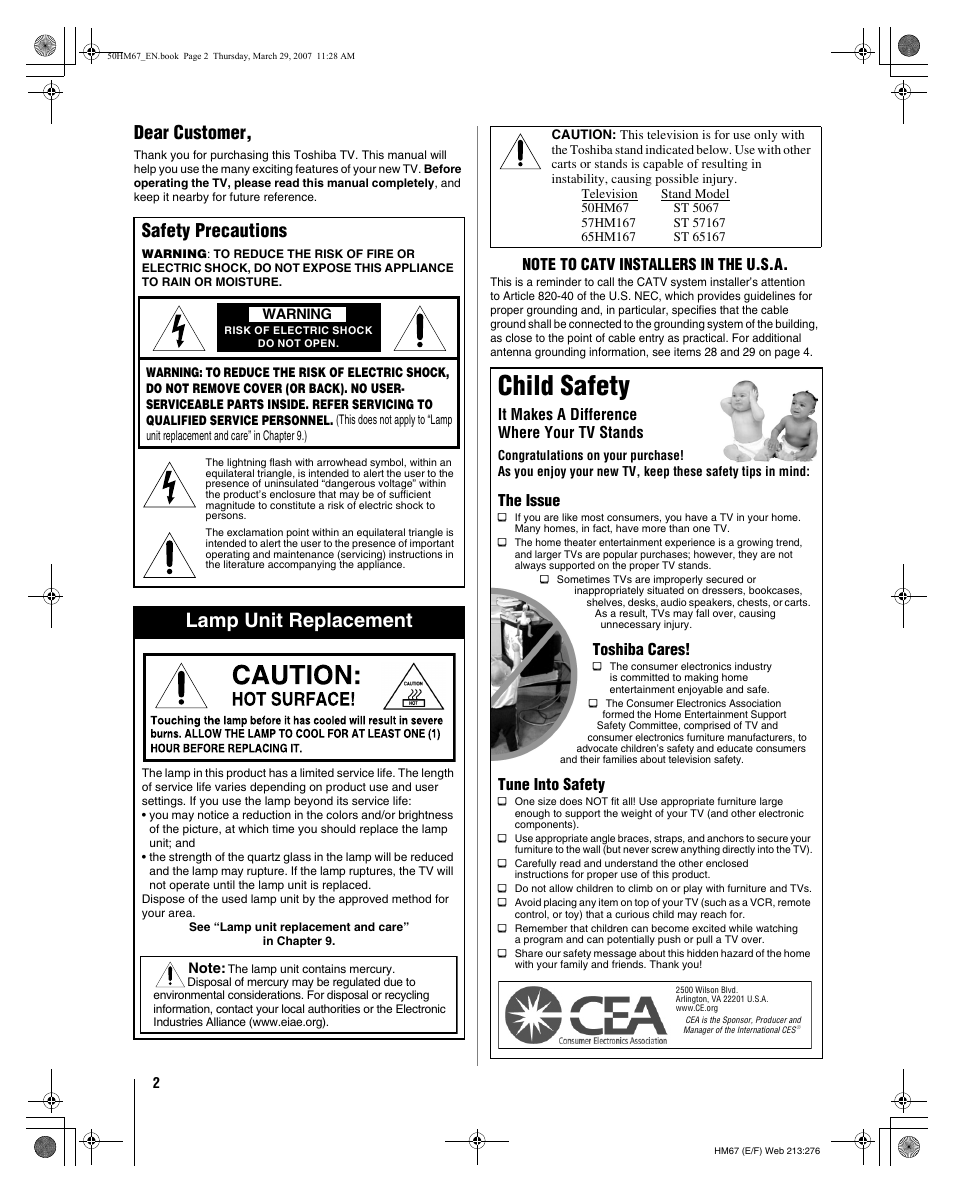 Child safety, Lamp unit replacement, Dear customer | Safety precautions, It makes a difference where your tv stands, The issue, Toshiba cares, Tune into safety | Toshiba 50HM67 User Manual | Page 2 / 74