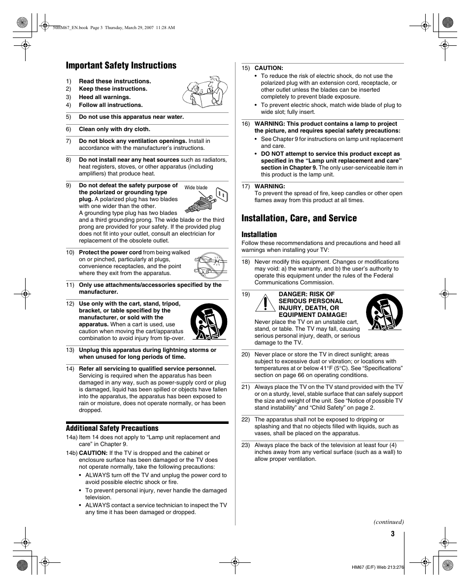 Important safety instructions, Installation, care, and service, Additional safety precautions | Installation | Toshiba 50HM67 User Manual | Page 3 / 74